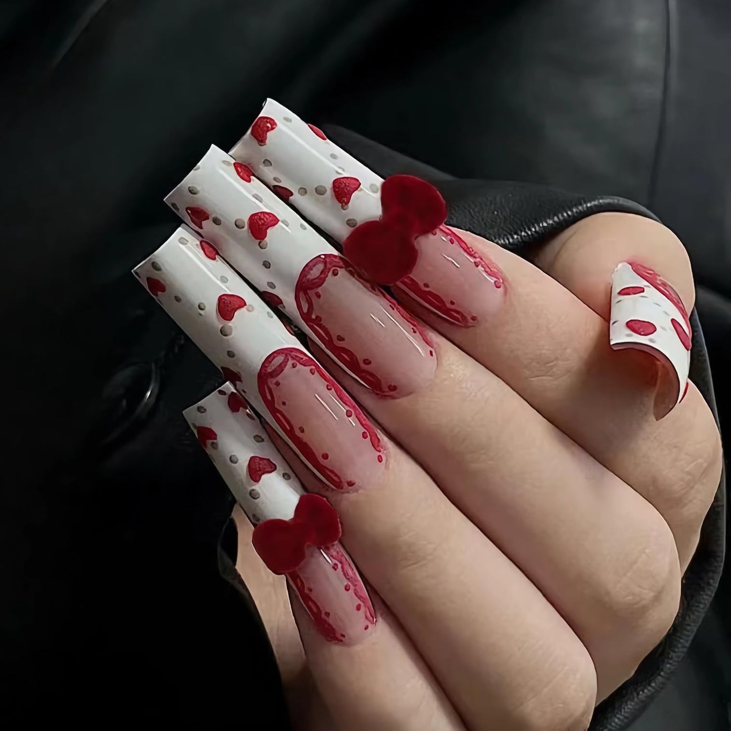 BABALAL Coffin Press on Nails Long Fake Nails White French Glue on Nails Glitter Rhinestone Flower Design Ballerina False Nails 24Pcs Shiny Acrylic Nails for Women and Girls