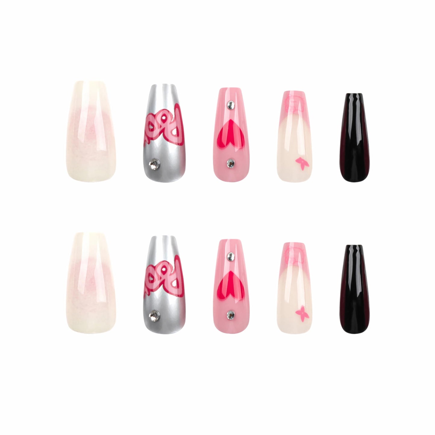 BABALAL Coffin Press on Nails Long Fake Nails White French Glue on Nails Glitter Rhinestone Flower Design Ballerina False Nails 24Pcs Shiny Acrylic Nails for Women and Girls