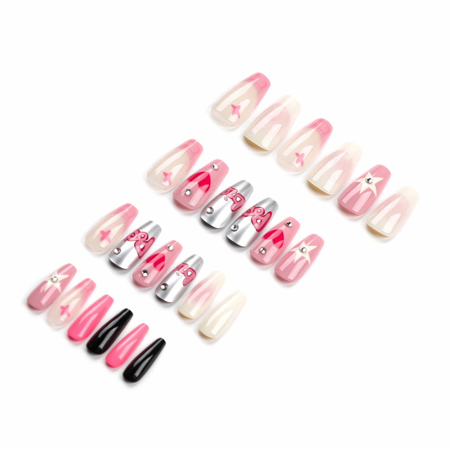 BABALAL Coffin Press on Nails Long Fake Nails White French Glue on Nails Glitter Rhinestone Flower Design Ballerina False Nails 24Pcs Shiny Acrylic Nails for Women and Girls