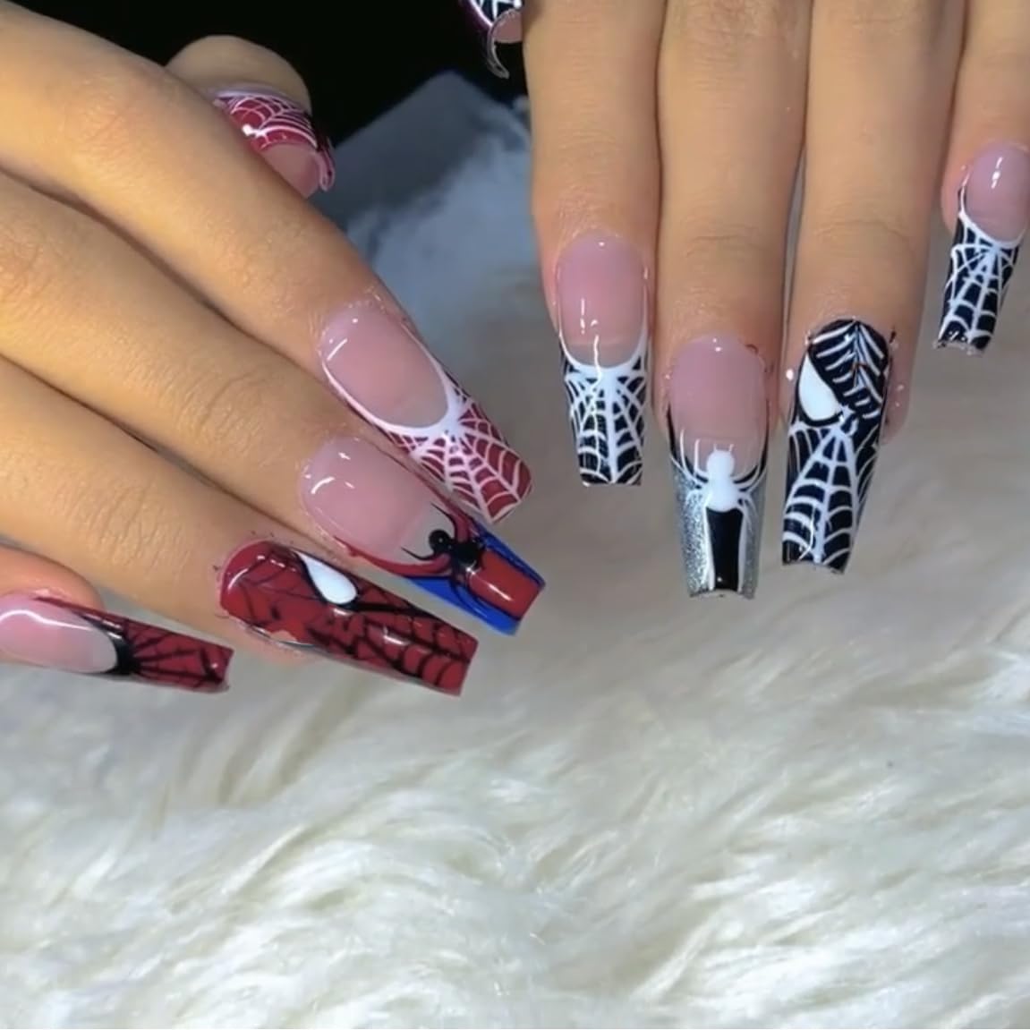 BABALAL Coffin Press on Nails Long Fake Nails White French Glue on Nails Glitter Rhinestone Flower Design Ballerina False Nails 24Pcs Shiny Acrylic Nails for Women and Girls