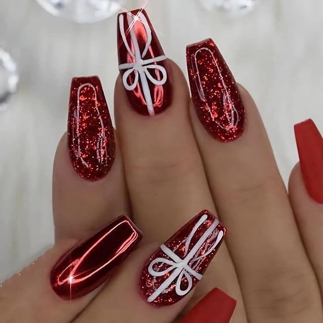 BABALAL Coffin Press on Nails Long Fake Nails White French Glue on Nails Glitter Rhinestone Flower Design Ballerina False Nails 24Pcs Shiny Acrylic Nails for Women and Girls