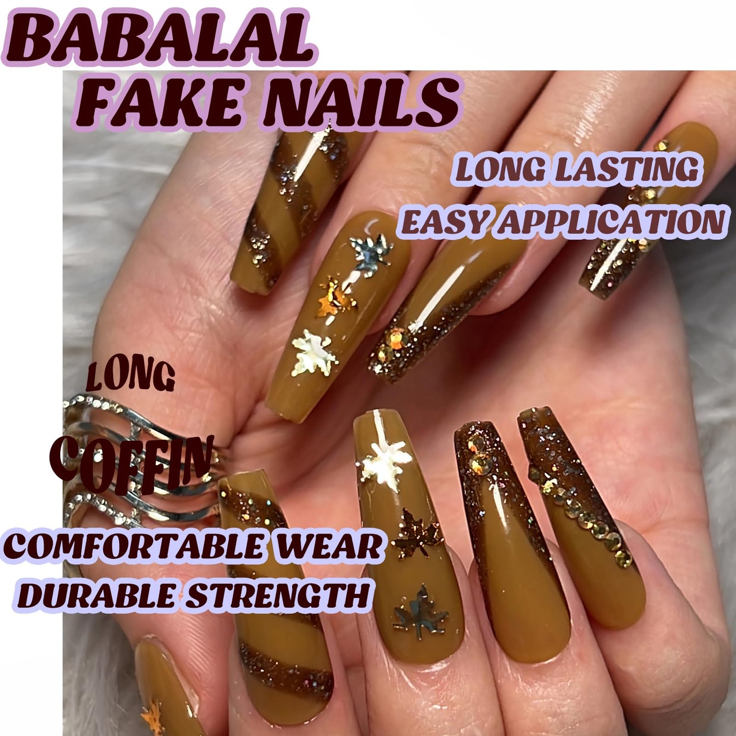 BABALAL Coffin Press on Nails Long Fake Nails White French Glue on Nails Glitter Rhinestone Flower Design Ballerina False Nails 24Pcs Shiny Acrylic Nails for Women and Girls