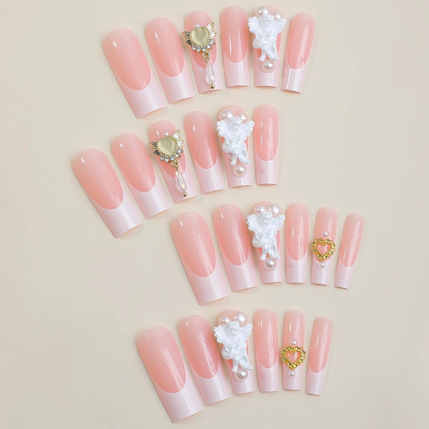 BABALAL Coffin Press on Nails Long Fake Nails White French Glue on Nails Glitter Rhinestone Flower Design Ballerina False Nails 24Pcs Shiny Acrylic Nails for Women and Girls
