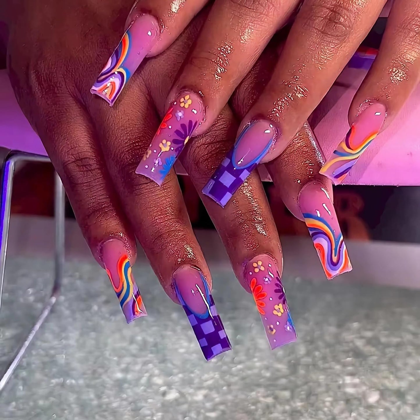 BABALAL Coffin Press on Nails Long Fake Nails White French Glue on Nails Glitter Rhinestone Flower Design Ballerina False Nails 24Pcs Shiny Acrylic Nails for Women and Girls