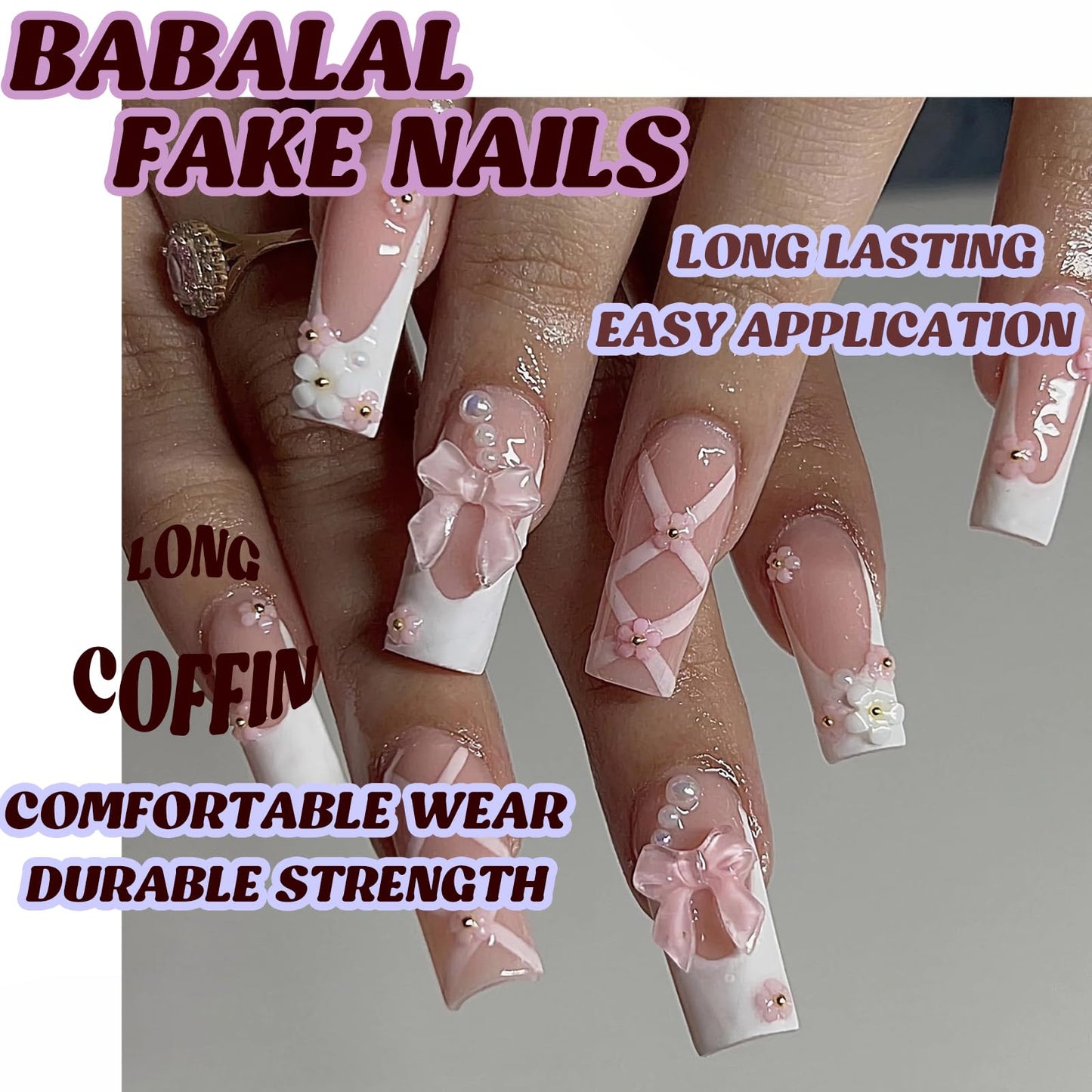 BABALAL Coffin Press on Nails Long Fake Nails White French Glue on Nails Glitter Rhinestone Flower Design Ballerina False Nails 24Pcs Shiny Acrylic Nails for Women and Girls