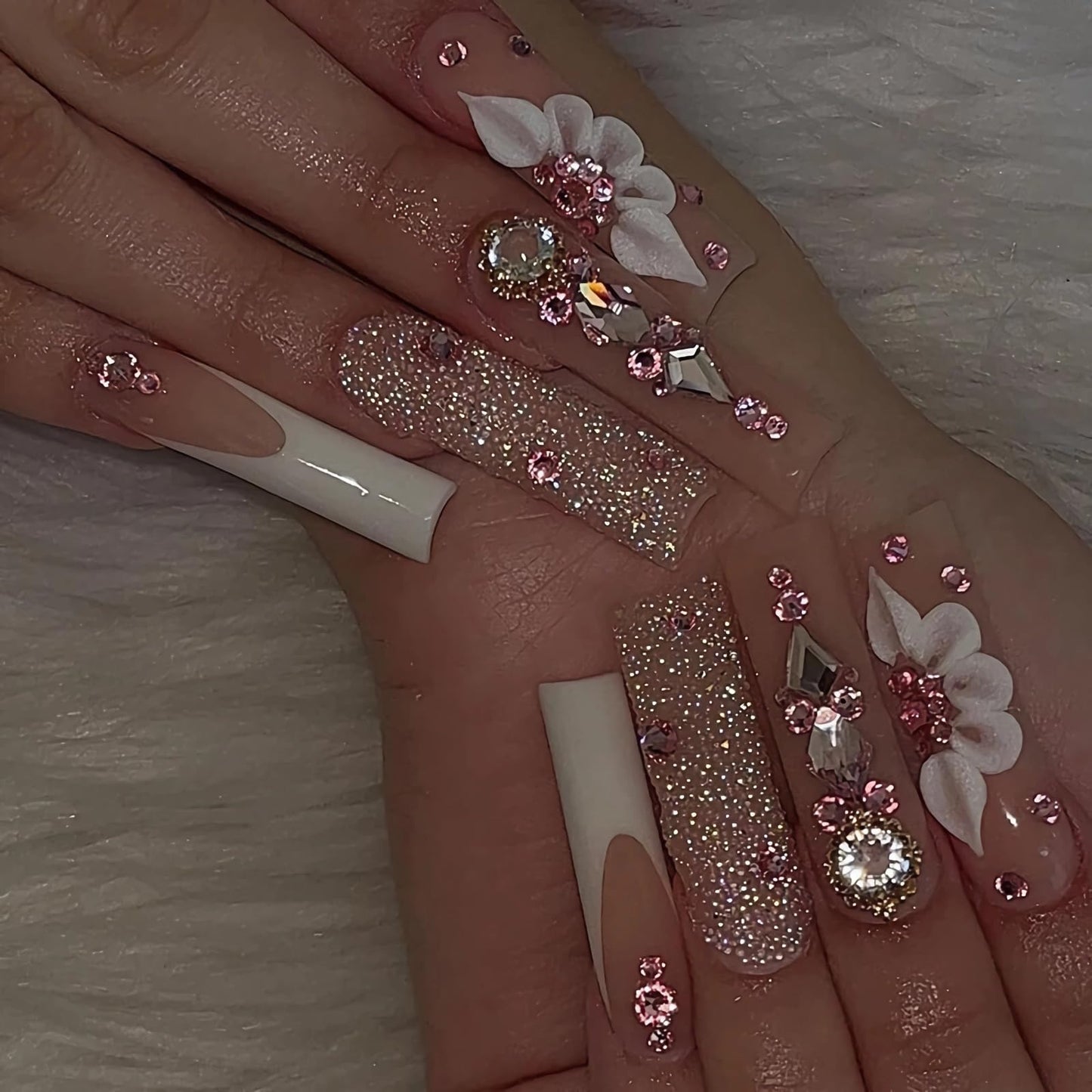 BABALAL Coffin Press on Nails Long Fake Nails White French Glue on Nails Glitter Rhinestone Flower Design Ballerina False Nails 24Pcs Shiny Acrylic Nails for Women and Girls