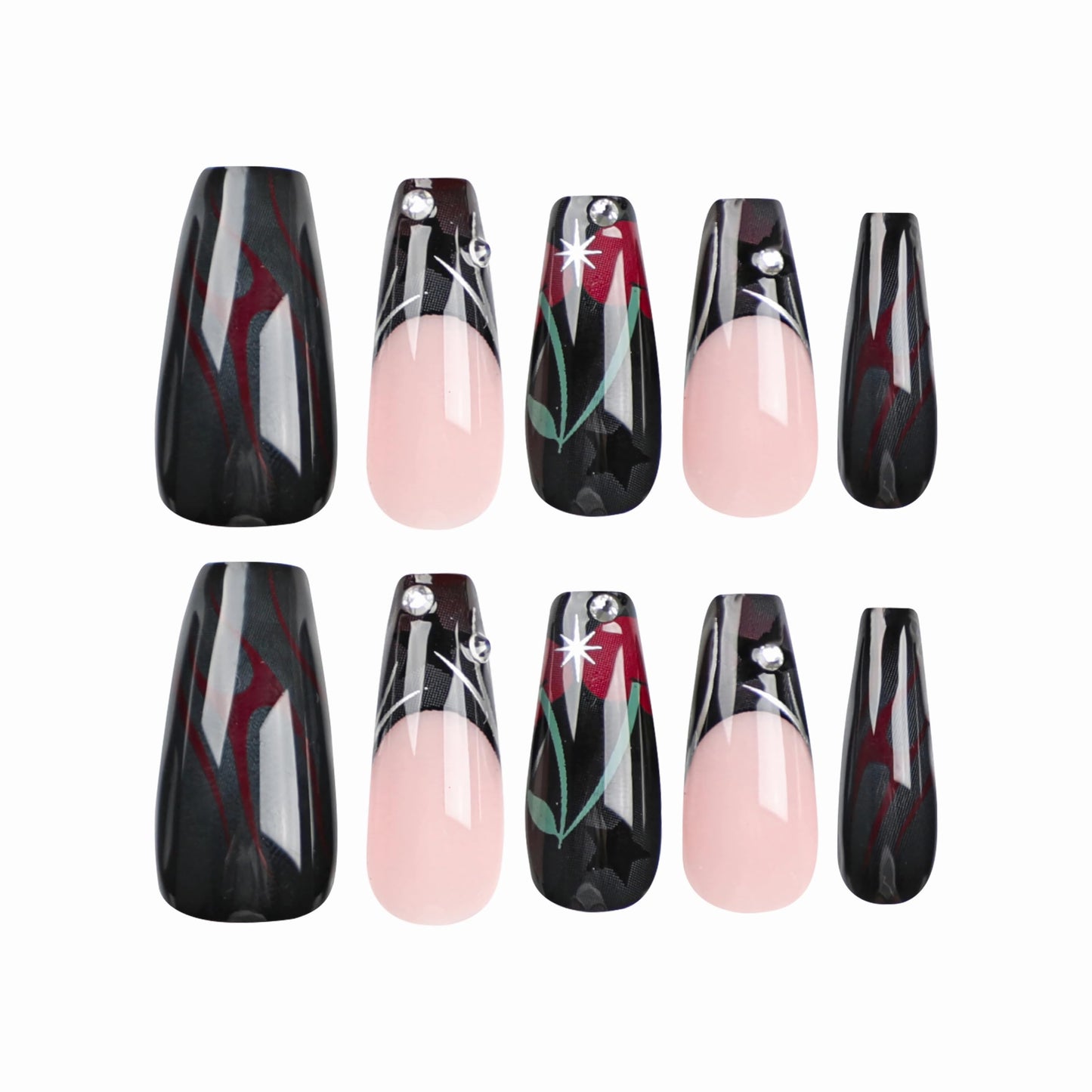 BABALAL Coffin Press on Nails Long Fake Nails White French Glue on Nails Glitter Rhinestone Flower Design Ballerina False Nails 24Pcs Shiny Acrylic Nails for Women and Girls