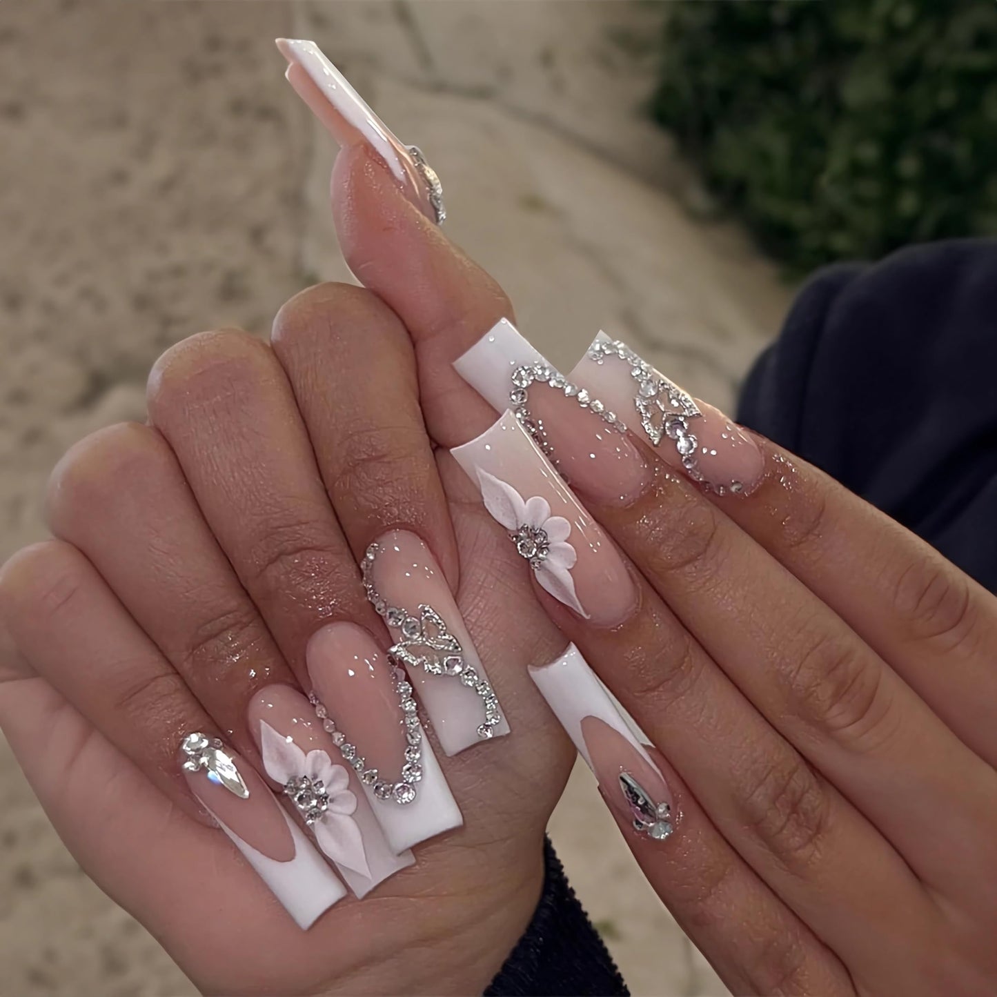BABALAL Coffin Press on Nails Long Fake Nails White French Glue on Nails Glitter Rhinestone Flower Design Ballerina False Nails 24Pcs Shiny Acrylic Nails for Women and Girls