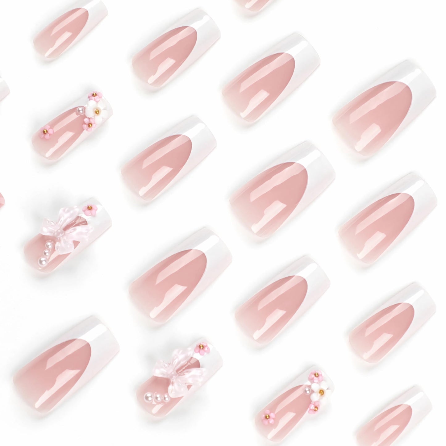 BABALAL Coffin Press on Nails Long Fake Nails White French Glue on Nails Glitter Rhinestone Flower Design Ballerina False Nails 24Pcs Shiny Acrylic Nails for Women and Girls