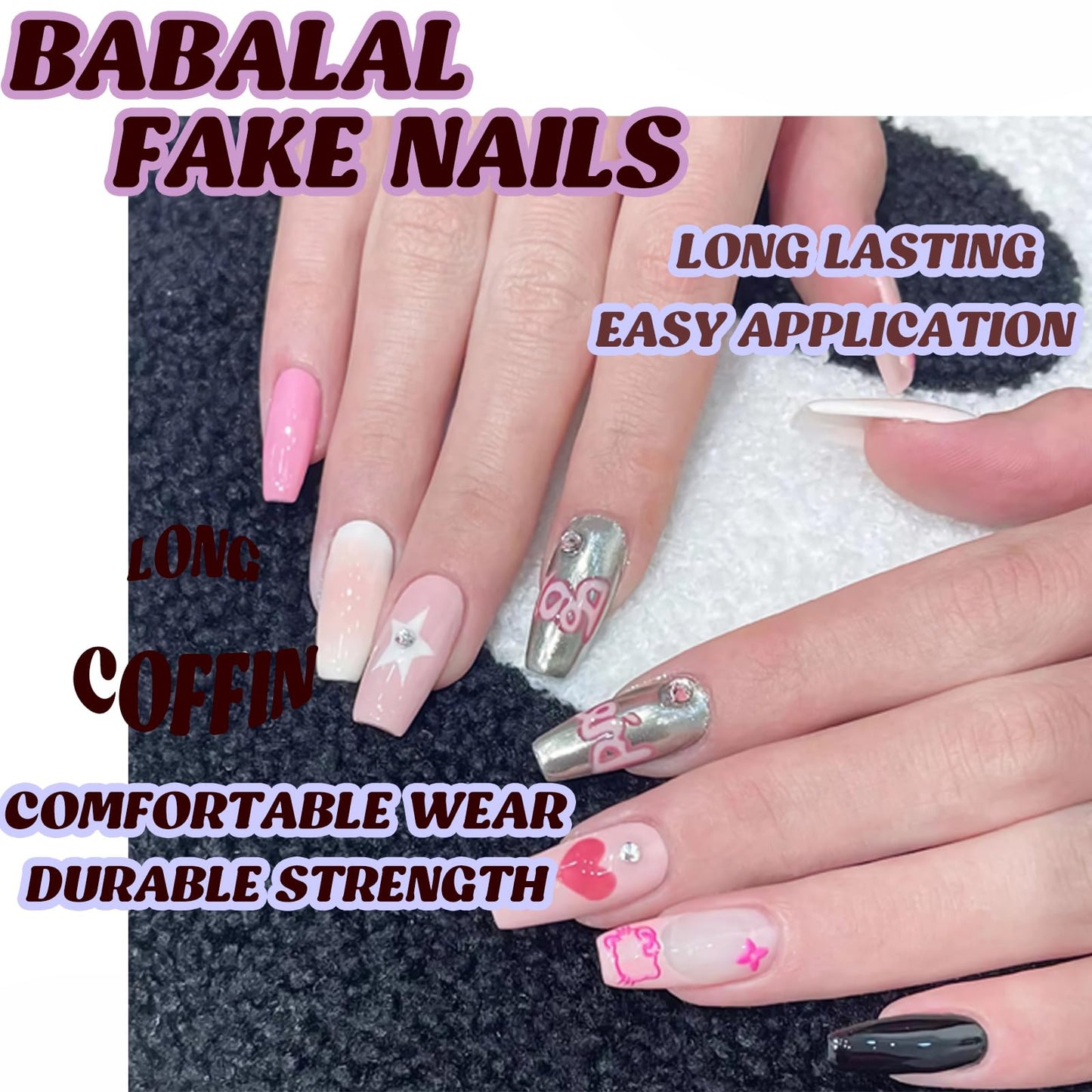 BABALAL Coffin Press on Nails Long Fake Nails White French Glue on Nails Glitter Rhinestone Flower Design Ballerina False Nails 24Pcs Shiny Acrylic Nails for Women and Girls
