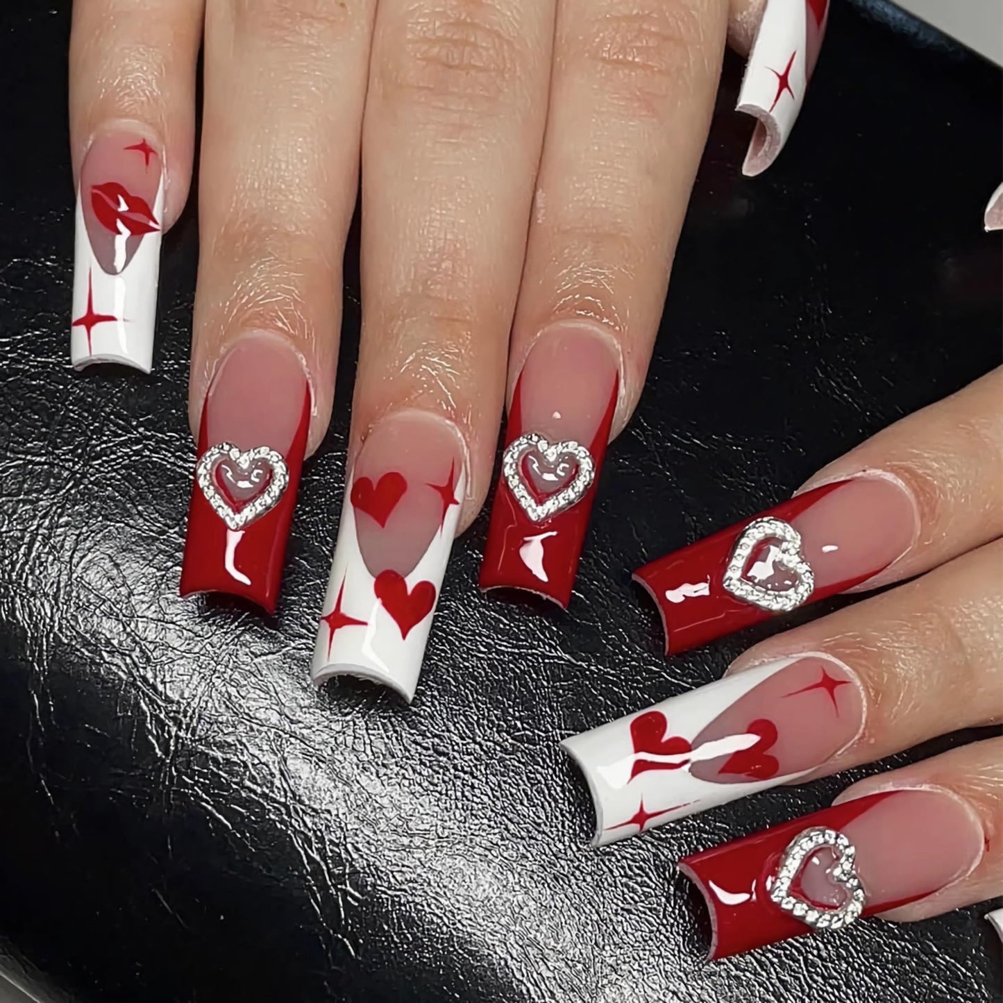 BABALAL Coffin Press on Nails Long Fake Nails White French Glue on Nails Glitter Rhinestone Flower Design Ballerina False Nails 24Pcs Shiny Acrylic Nails for Women and Girls
