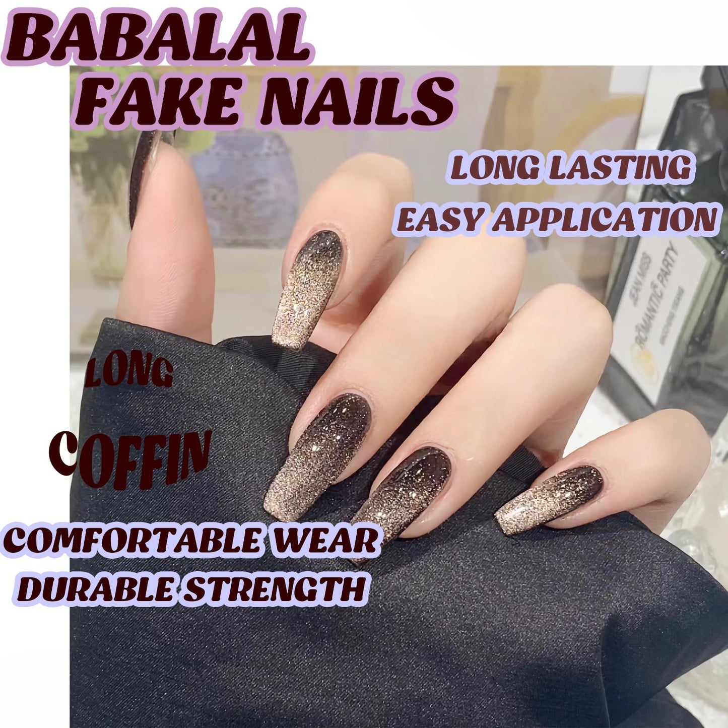 BABALAL Coffin Press on Nails Long Fake Nails White French Glue on Nails Glitter Rhinestone Flower Design Ballerina False Nails 24Pcs Shiny Acrylic Nails for Women and Girls