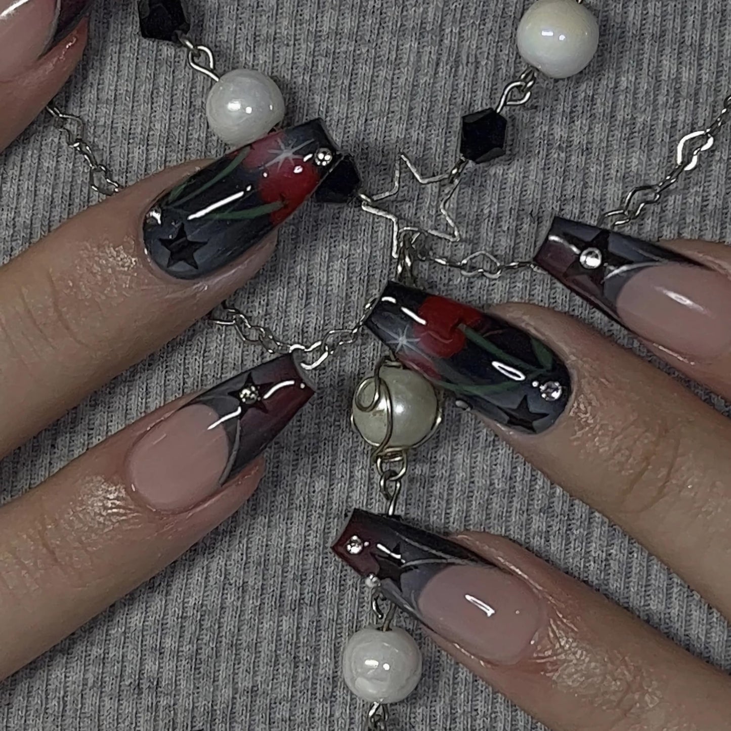 BABALAL Coffin Press on Nails Long Fake Nails White French Glue on Nails Glitter Rhinestone Flower Design Ballerina False Nails 24Pcs Shiny Acrylic Nails for Women and Girls