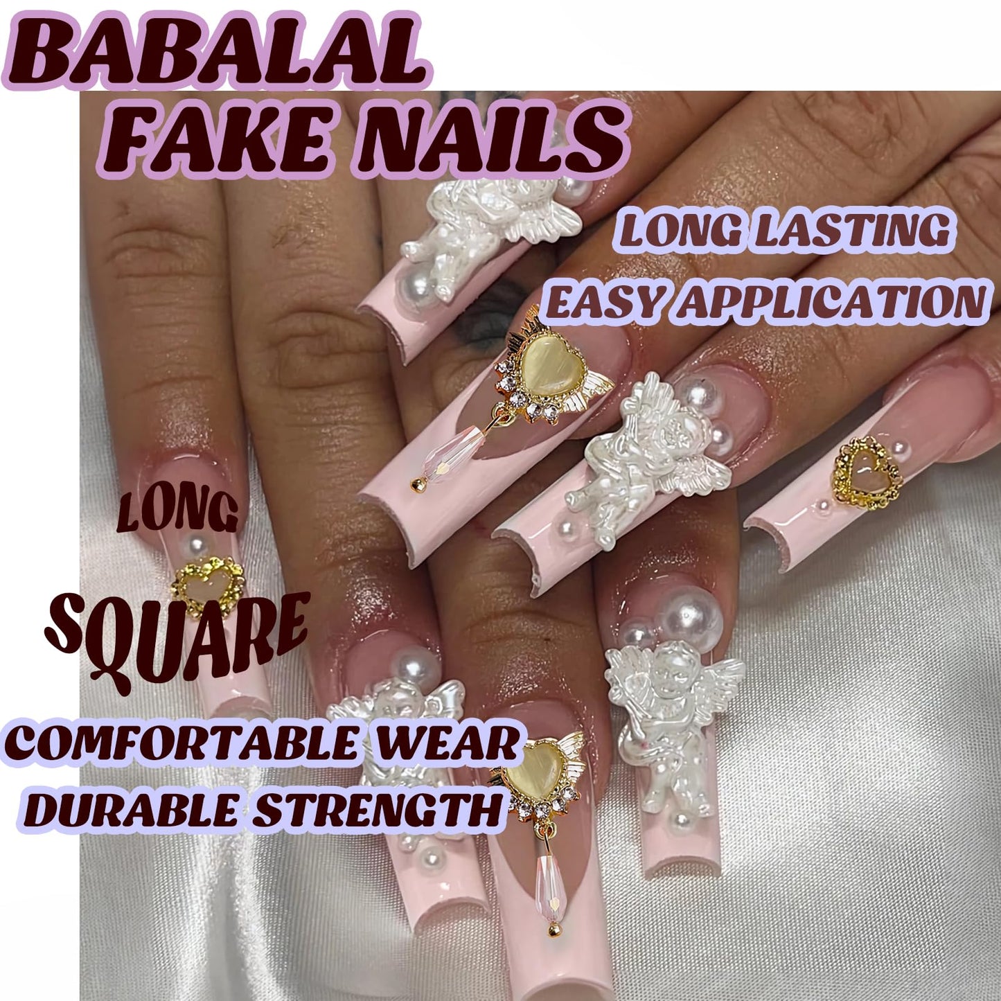 BABALAL Coffin Press on Nails Long Fake Nails White French Glue on Nails Glitter Rhinestone Flower Design Ballerina False Nails 24Pcs Shiny Acrylic Nails for Women and Girls