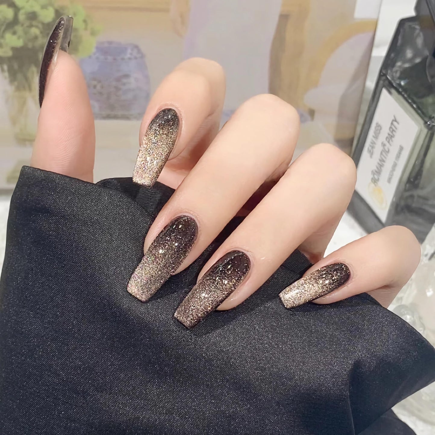 BABALAL Coffin Press on Nails Long Fake Nails White French Glue on Nails Glitter Rhinestone Flower Design Ballerina False Nails 24Pcs Shiny Acrylic Nails for Women and Girls