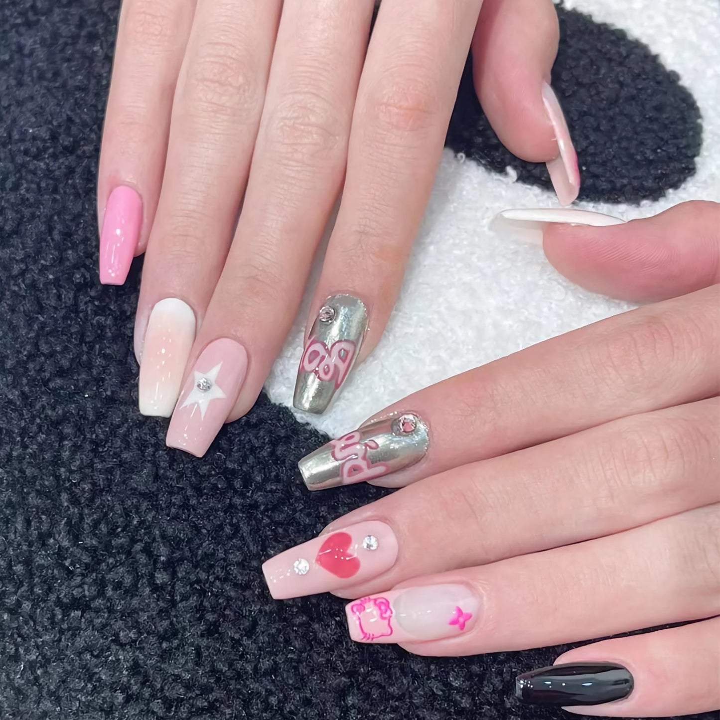 BABALAL Coffin Press on Nails Long Fake Nails White French Glue on Nails Glitter Rhinestone Flower Design Ballerina False Nails 24Pcs Shiny Acrylic Nails for Women and Girls