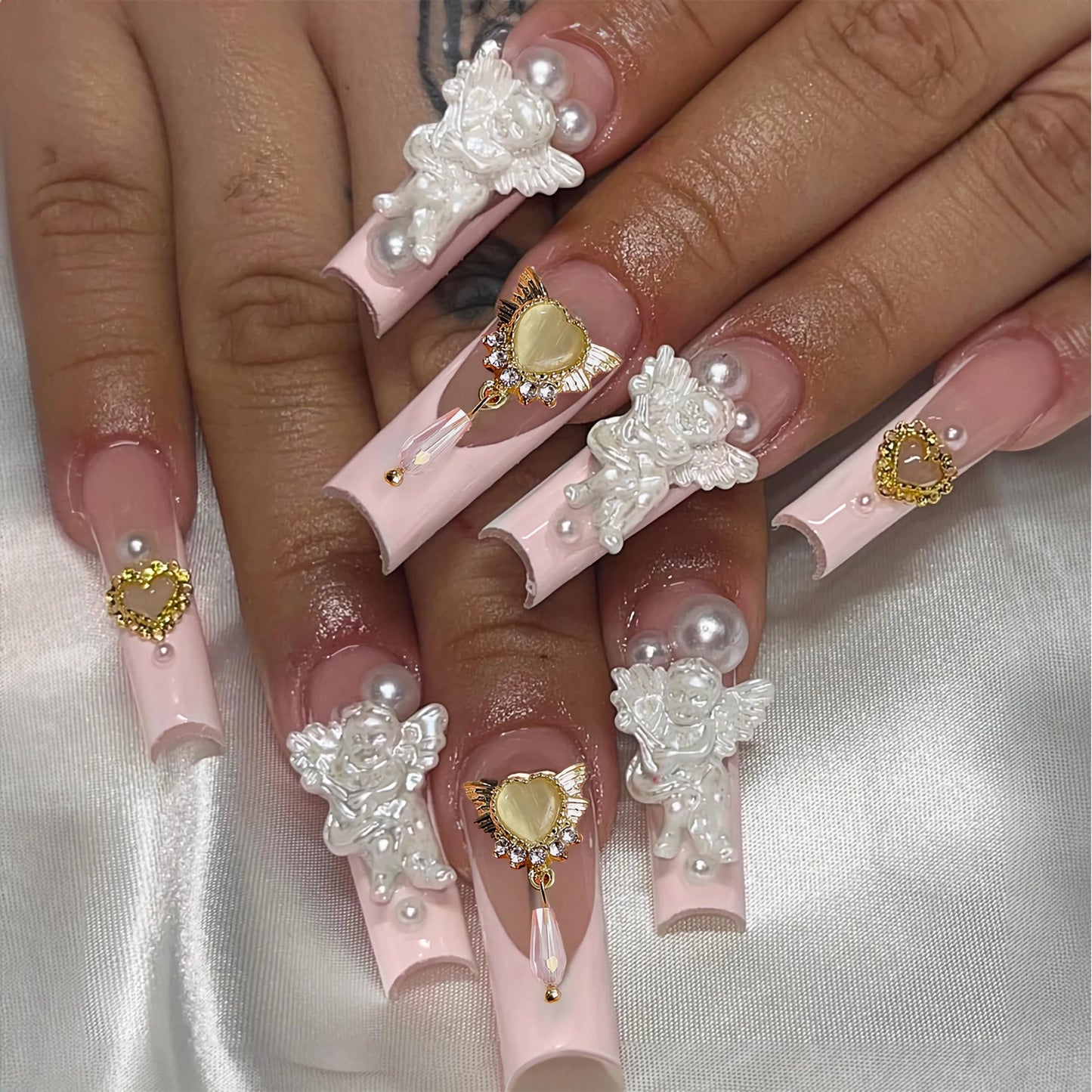 BABALAL Coffin Press on Nails Long Fake Nails White French Glue on Nails Glitter Rhinestone Flower Design Ballerina False Nails 24Pcs Shiny Acrylic Nails for Women and Girls