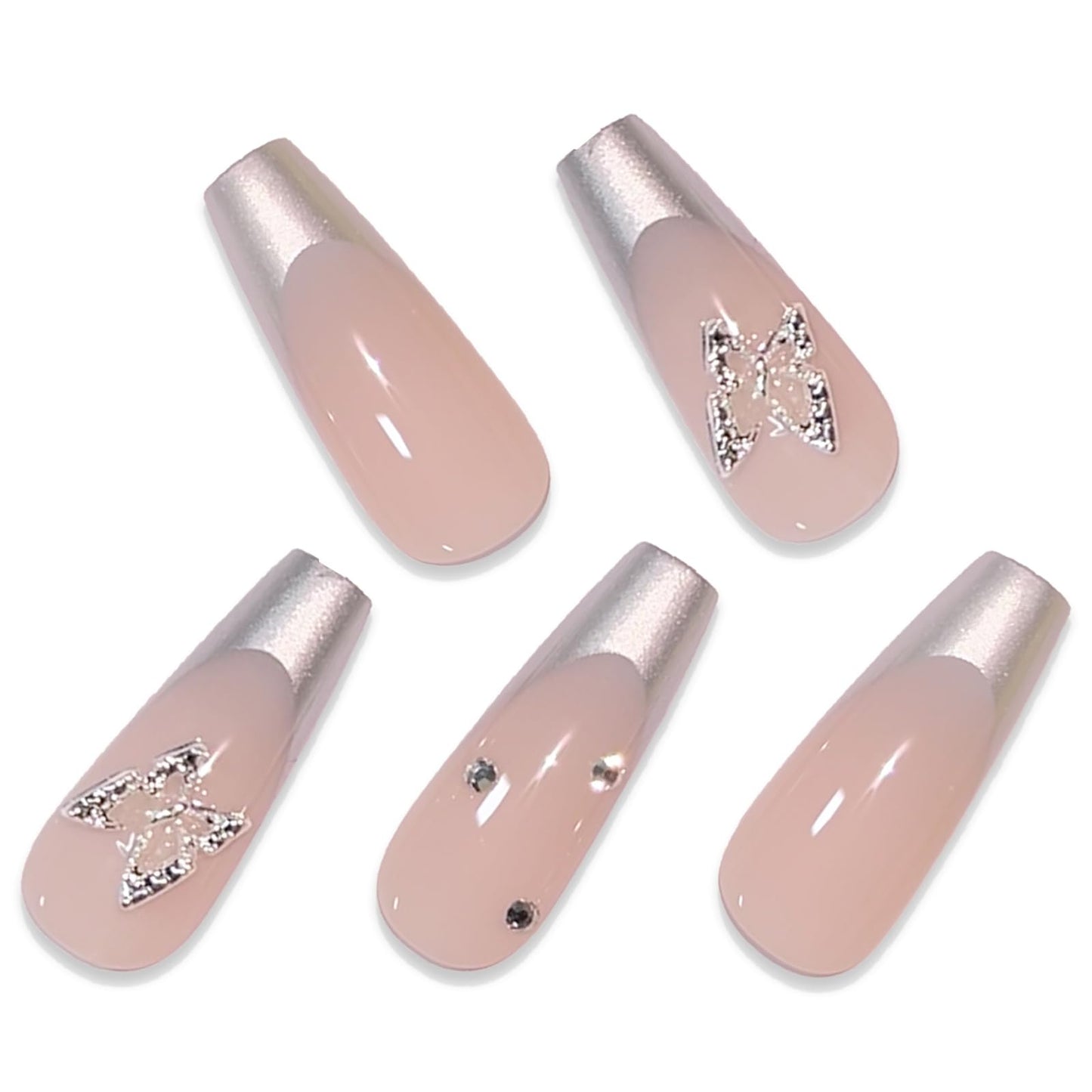 BABALAL Square Press on Nails Medium Fake Nails Sliver Glue on Nails Shiny Squoval Flower Stick on Nails for Women and Girls