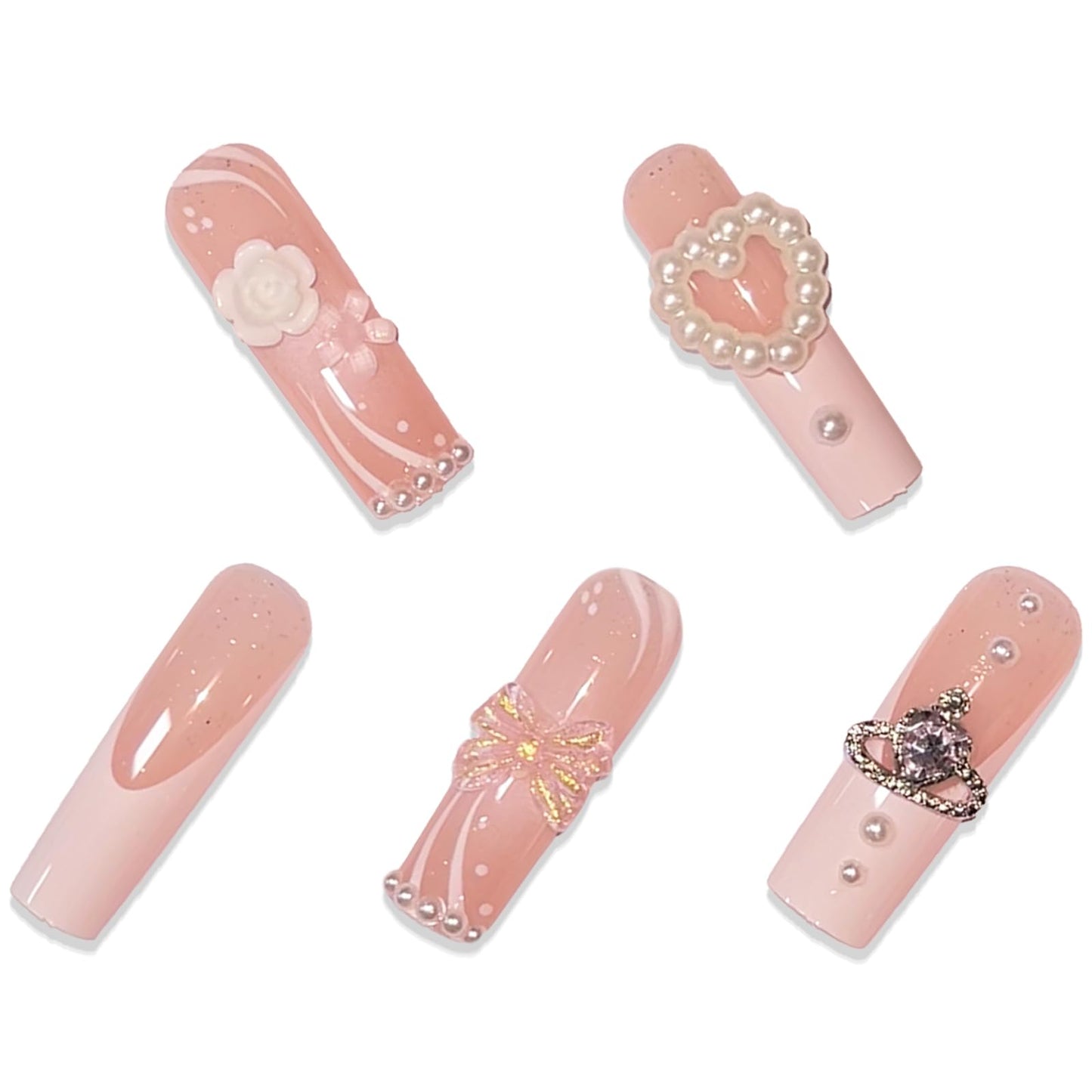 BABALAL Square Press on Nails Medium Fake Nails Sliver Glue on Nails Shiny Squoval Flower Stick on Nails for Women and Girls