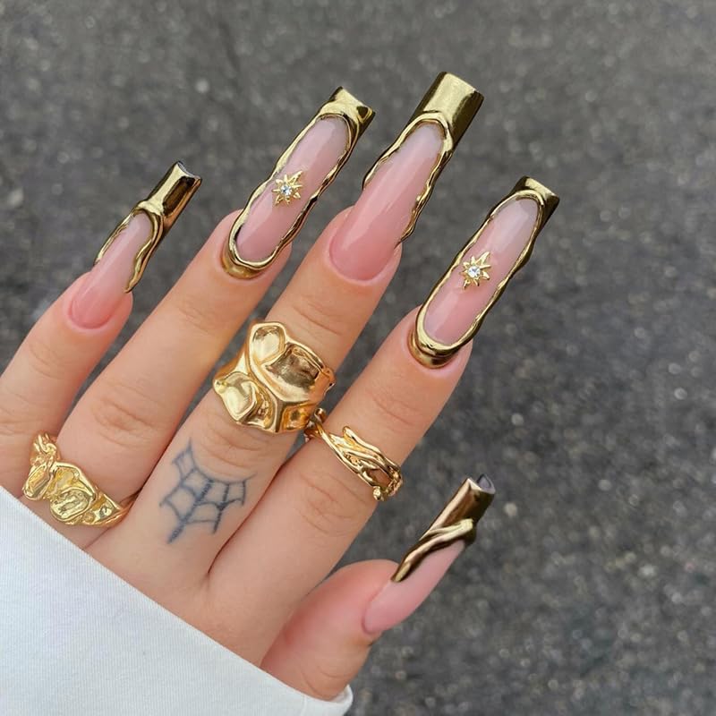 BABALAL Square Press on Nails Medium Fake Nails Sliver Glue on Nails Shiny Squoval Flower Stick on Nails for Women and Girls