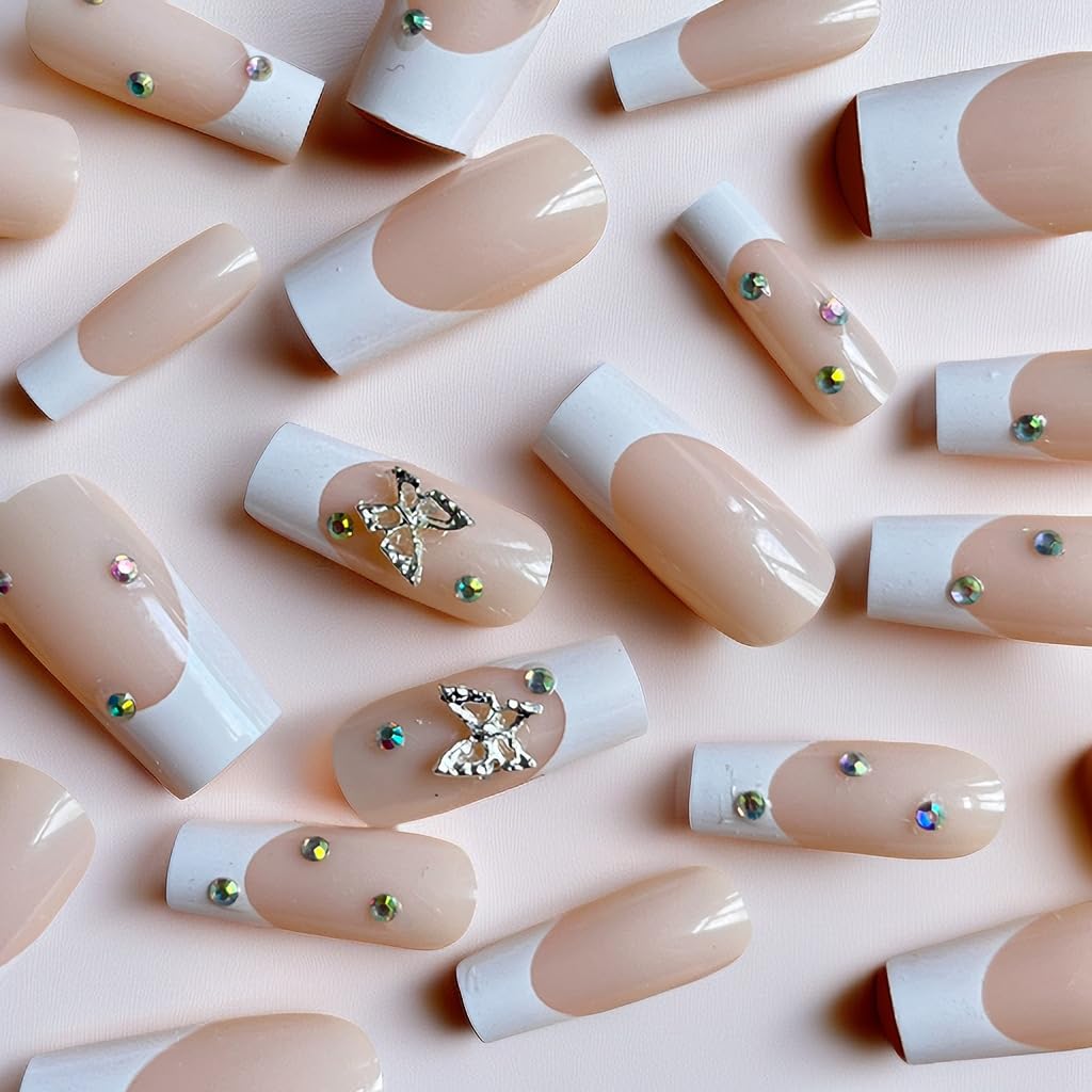 BABALAL Square Press on Nails Medium Fake Nails Sliver Glue on Nails Shiny Squoval Flower Stick on Nails for Women and Girls