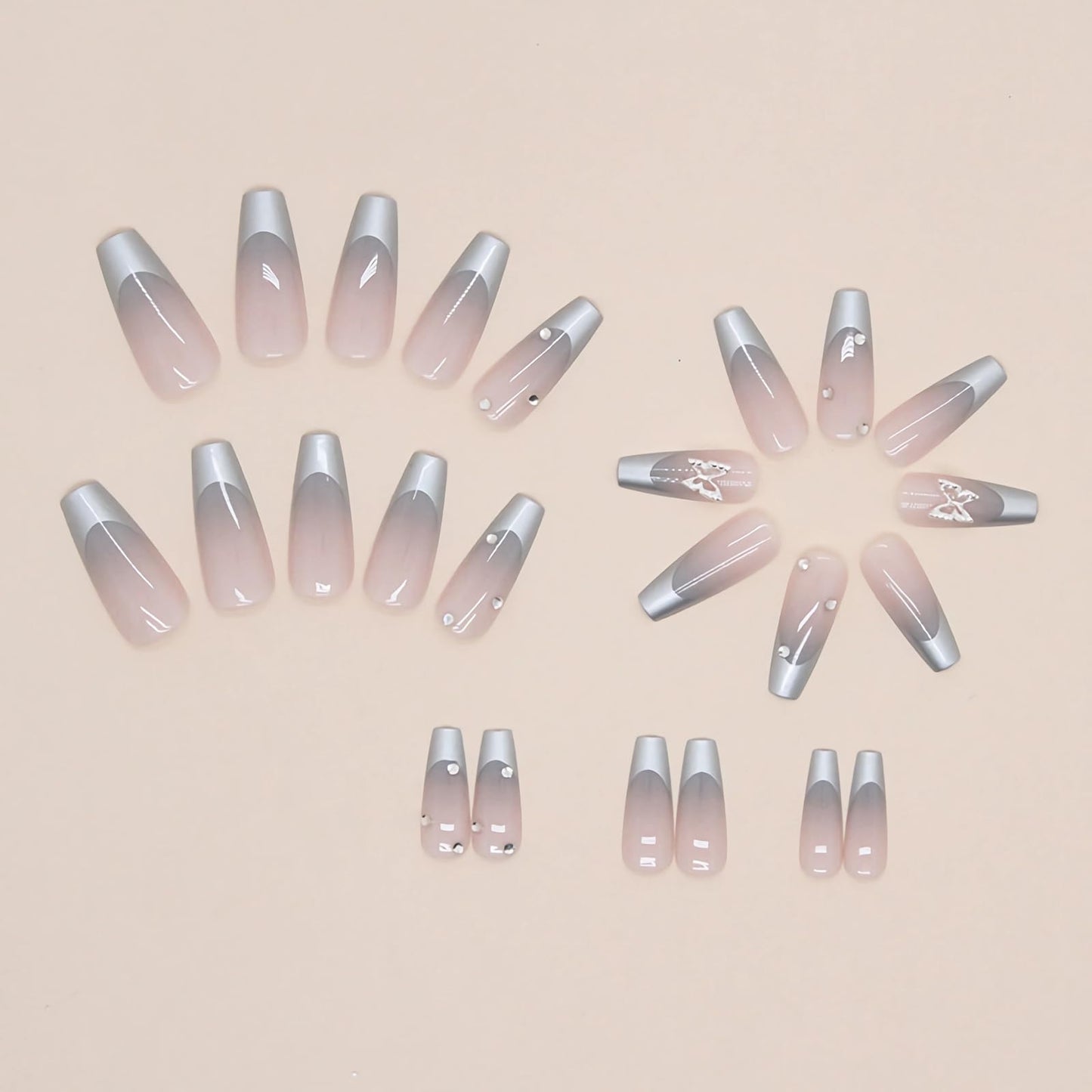 BABALAL Square Press on Nails Medium Fake Nails Sliver Glue on Nails Shiny Squoval Flower Stick on Nails for Women and Girls
