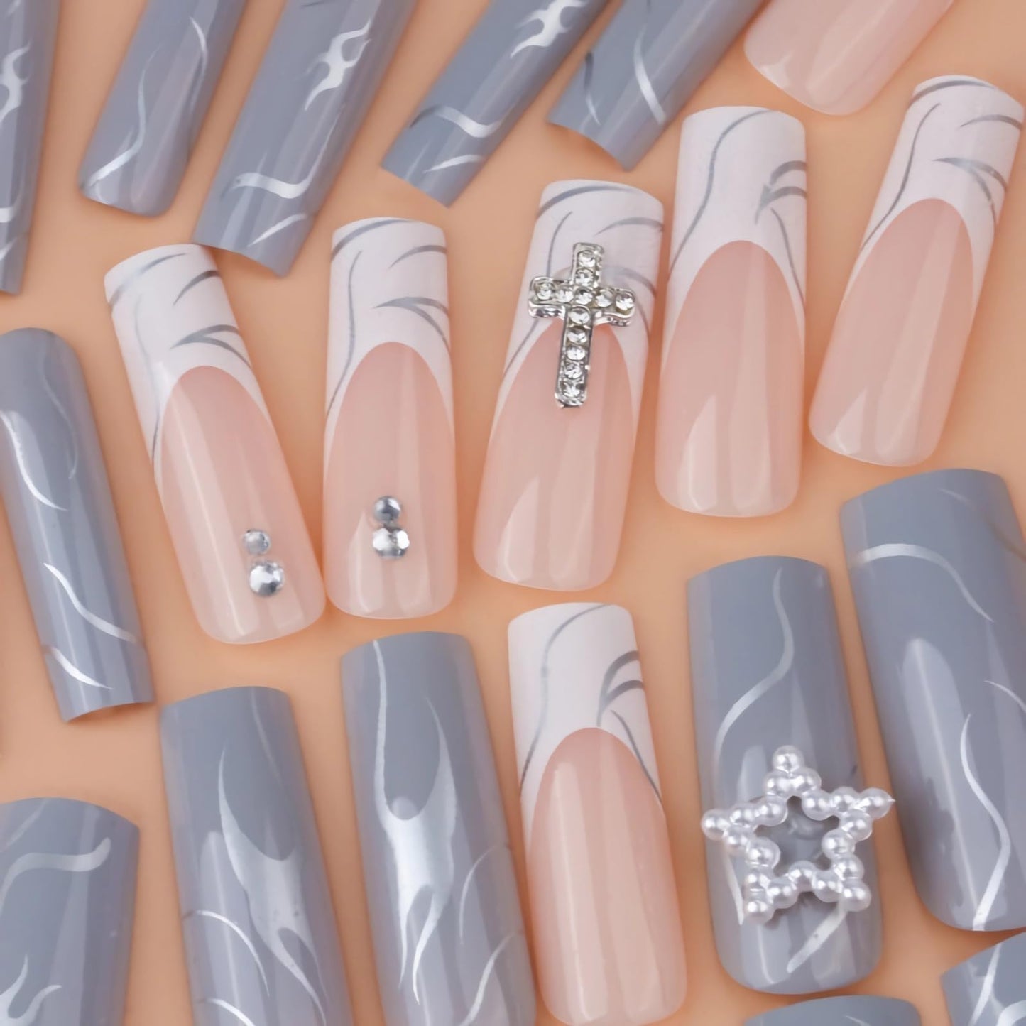 BABALAL Square Press on Nails Medium Fake Nails Sliver Glue on Nails Shiny Squoval Flower Stick on Nails for Women and Girls
