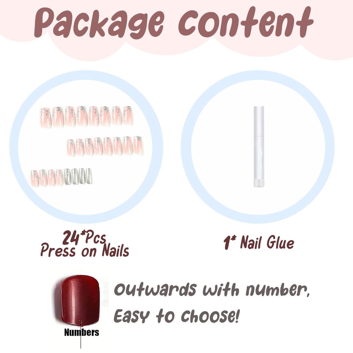 BABALAL Square Press on Nails Medium Fake Nails Sliver Glue on Nails Shiny Squoval Flower Stick on Nails for Women and Girls