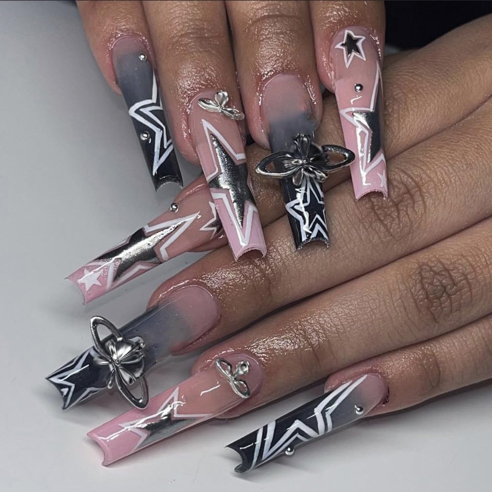 BABALAL Square Press on Nails Medium Fake Nails Sliver Glue on Nails Shiny Squoval Flower Stick on Nails for Women and Girls