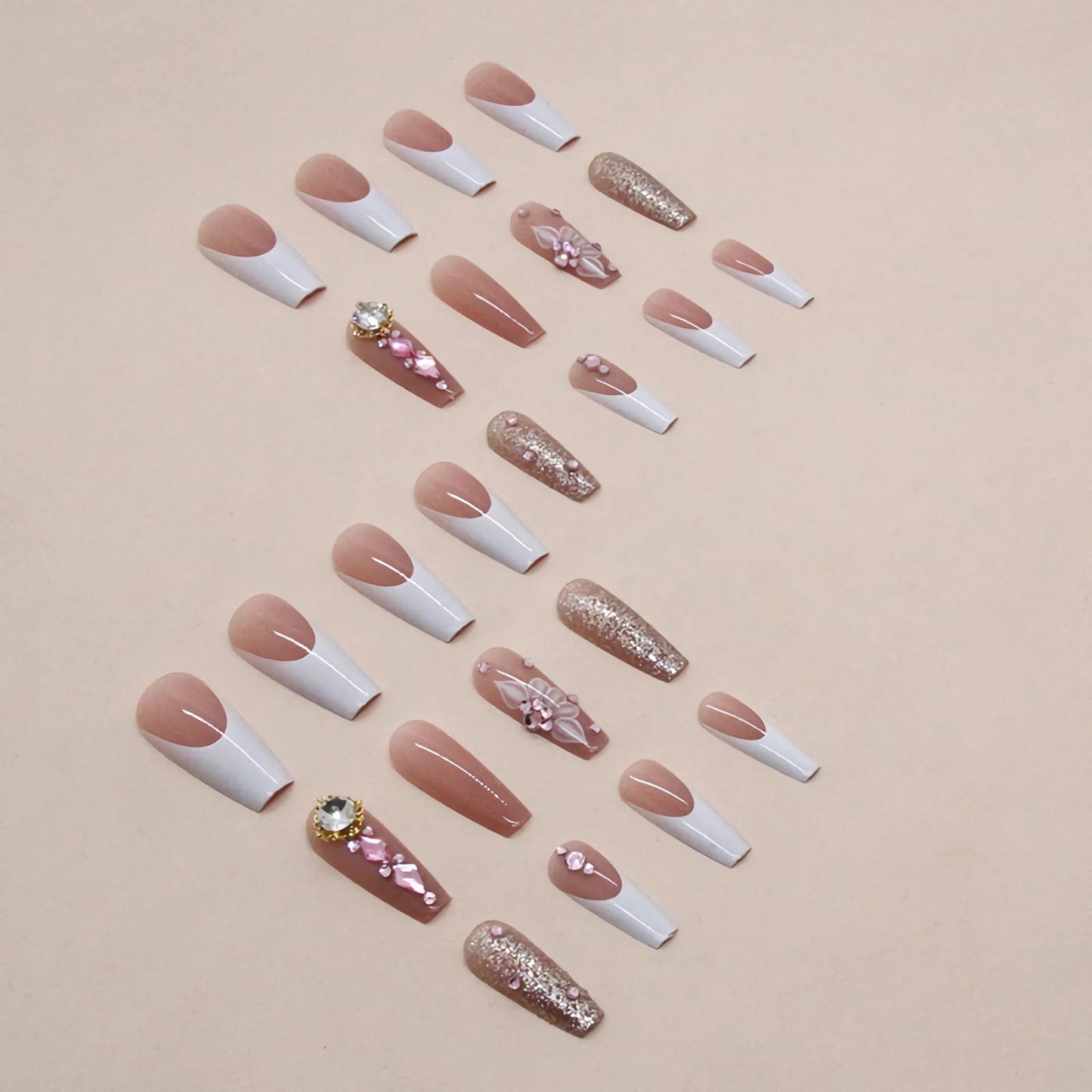BABALAL Coffin Press on Nails Long Fake Nails White French Glue on Nails Glitter Rhinestone Flower Design Ballerina False Nails 24Pcs Shiny Acrylic Nails for Women and Girls