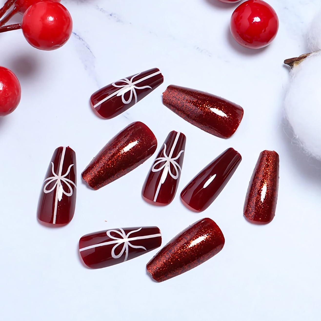 BABALAL Coffin Press on Nails Long Fake Nails White French Glue on Nails Glitter Rhinestone Flower Design Ballerina False Nails 24Pcs Shiny Acrylic Nails for Women and Girls