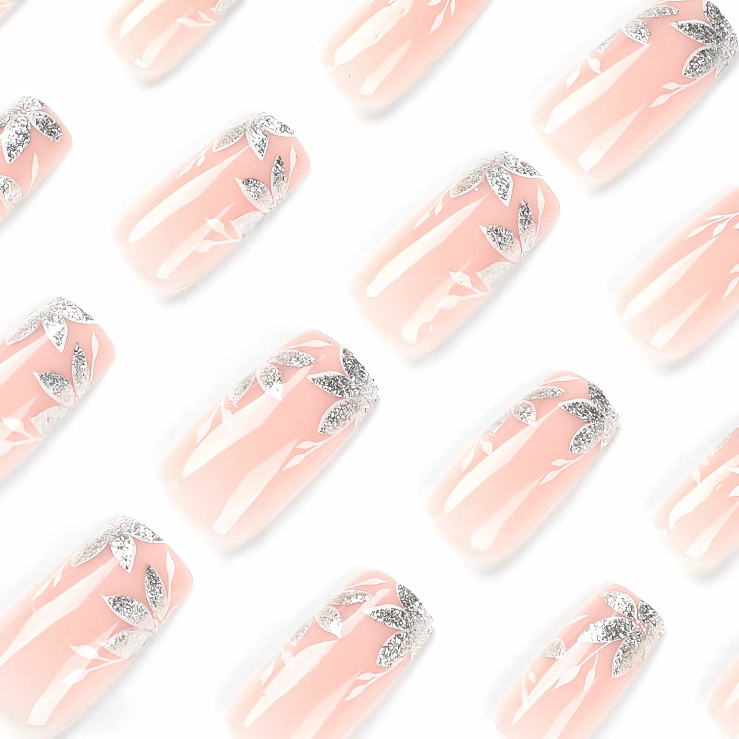 BABALAL Square Press on Nails Medium Fake Nails Sliver Glue on Nails Shiny Squoval Flower Stick on Nails for Women and Girls