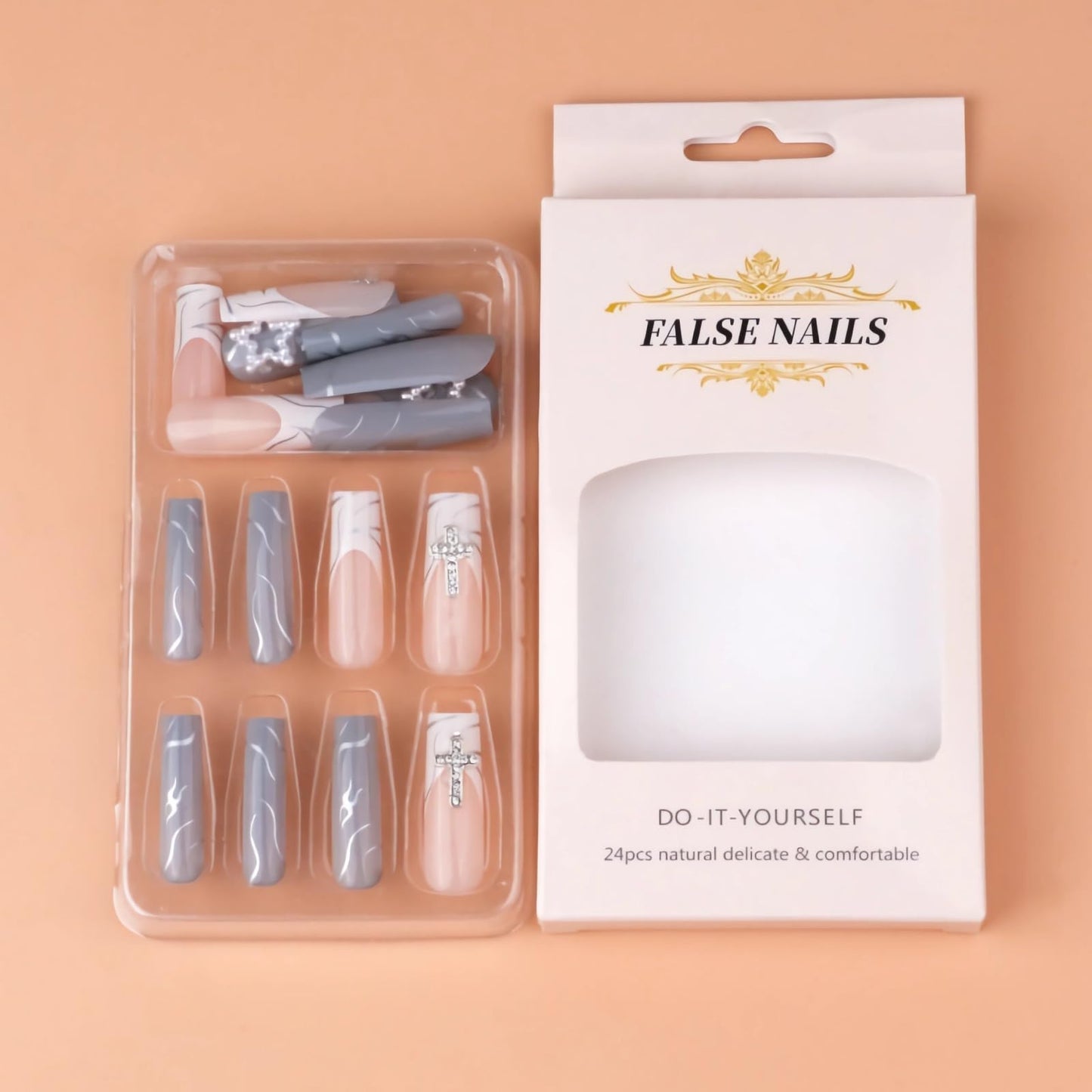 BABALAL Square Press on Nails Medium Fake Nails Sliver Glue on Nails Shiny Squoval Flower Stick on Nails for Women and Girls
