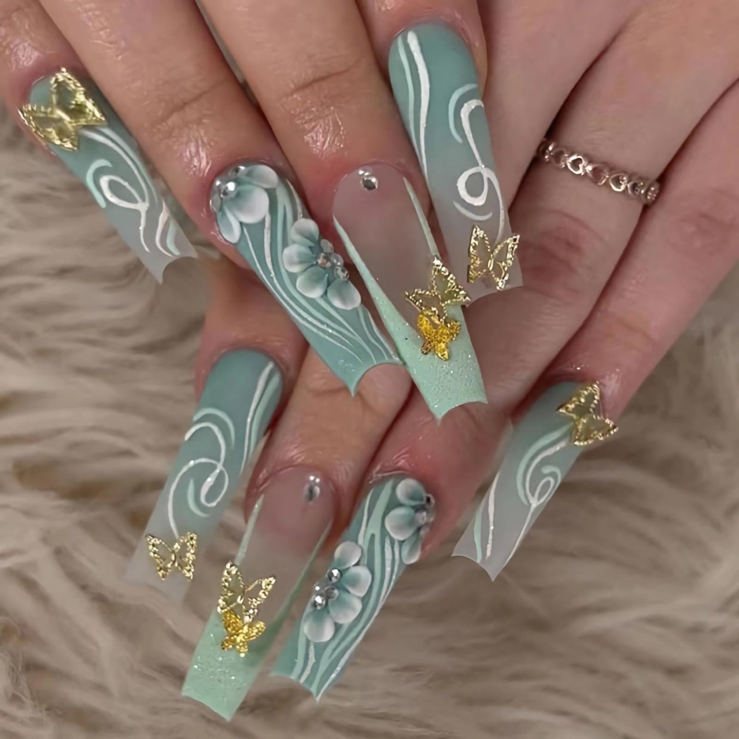 BABALAL Square Press on Nails Medium Fake Nails Sliver Glue on Nails Shiny Squoval Flower Stick on Nails for Women and Girls
