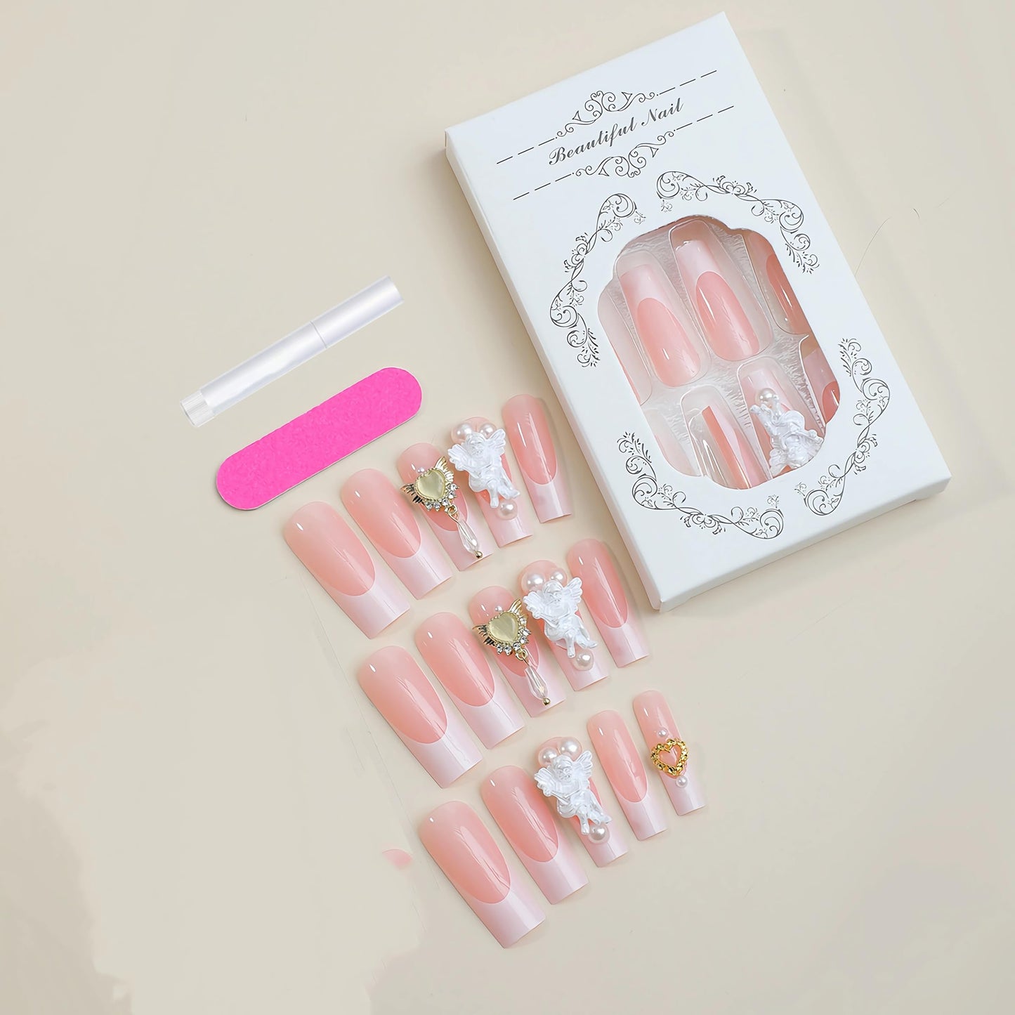 BABALAL Coffin Press on Nails Long Fake Nails White French Glue on Nails Glitter Rhinestone Flower Design Ballerina False Nails 24Pcs Shiny Acrylic Nails for Women and Girls