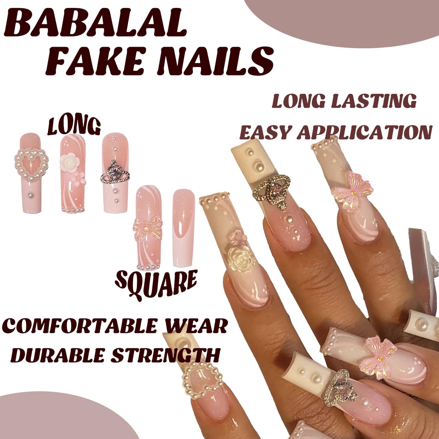 BABALAL Square Press on Nails Medium Fake Nails Sliver Glue on Nails Shiny Squoval Flower Stick on Nails for Women and Girls