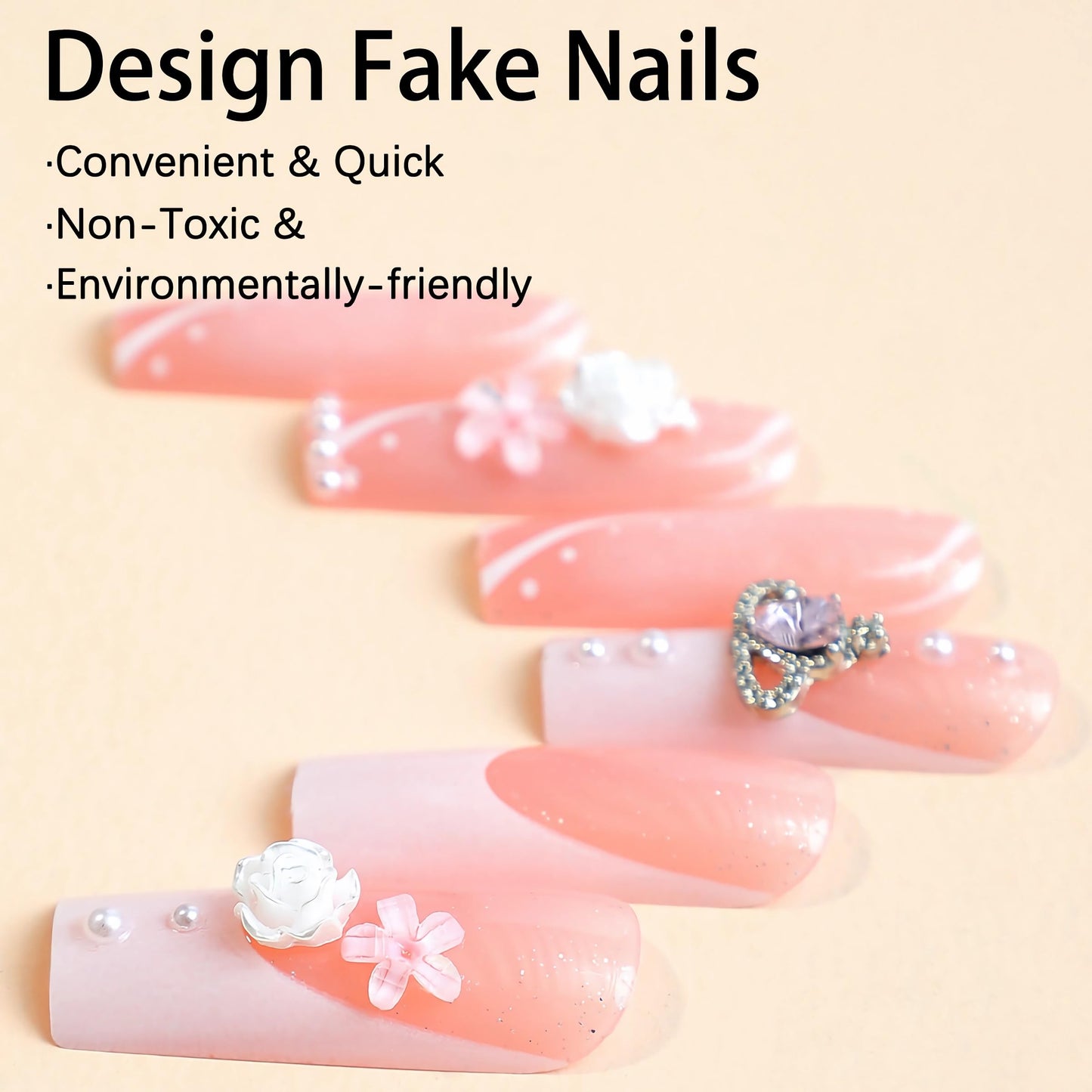 BABALAL Square Press on Nails Medium Fake Nails Sliver Glue on Nails Shiny Squoval Flower Stick on Nails for Women and Girls