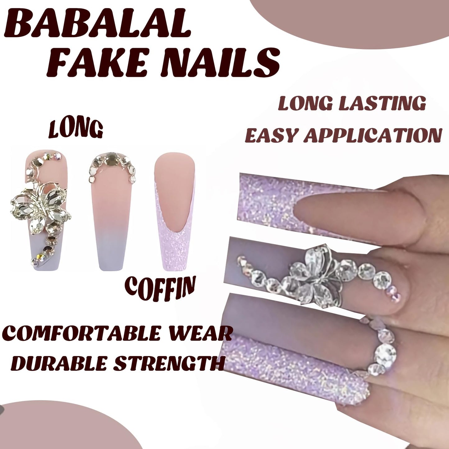 BABALAL Square Press on Nails Medium Fake Nails Sliver Glue on Nails Shiny Squoval Flower Stick on Nails for Women and Girls
