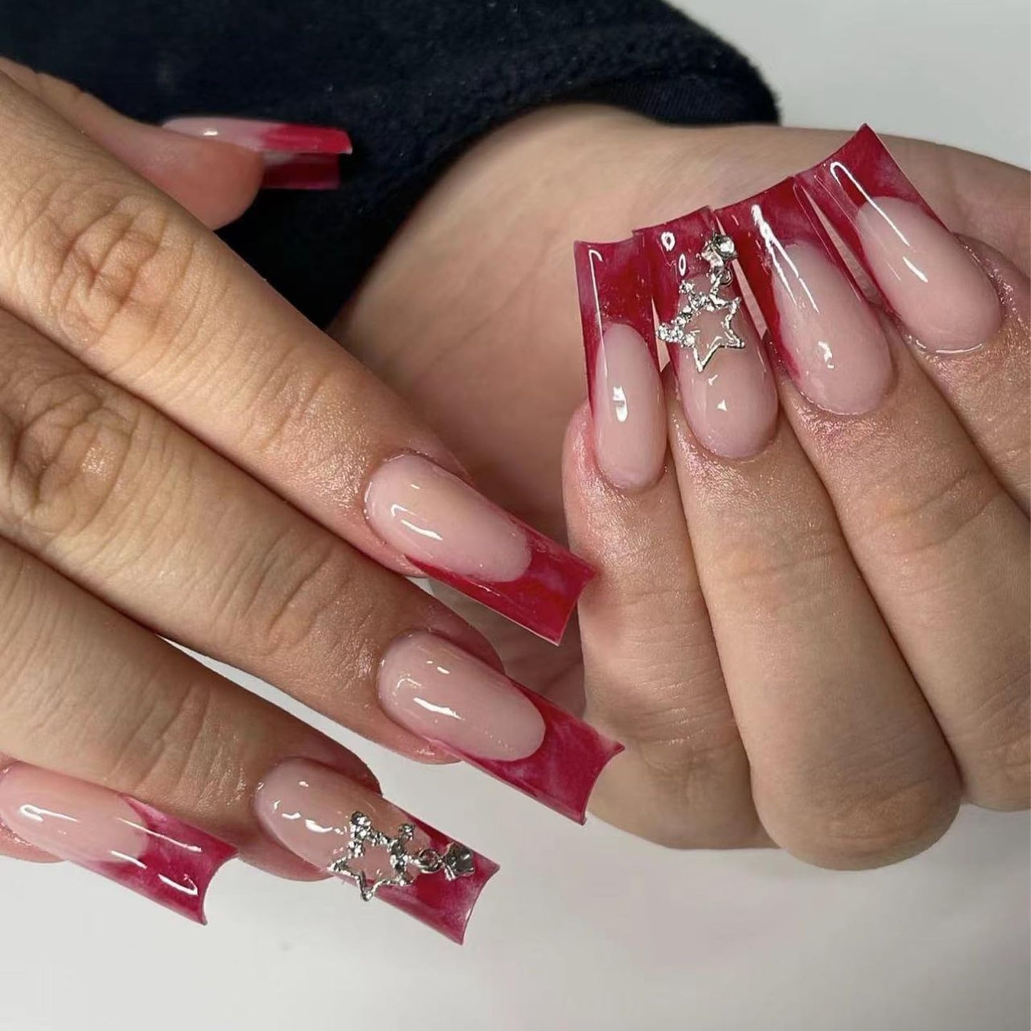 BABALAL Square Press on Nails Medium Fake Nails Sliver Glue on Nails Shiny Squoval Flower Stick on Nails for Women and Girls
