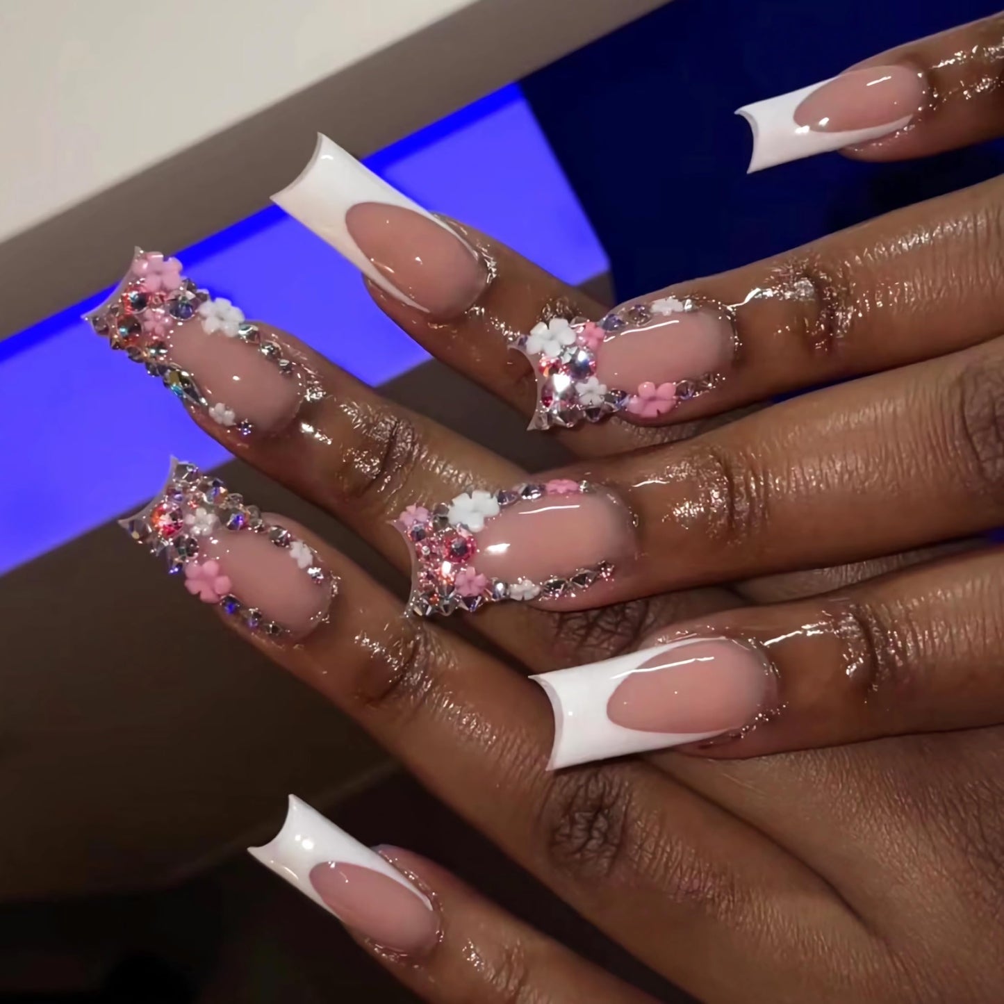 BABALAL Coffin Press on Nails Long Fake Nails White French Glue on Nails Glitter Rhinestone Flower Design Ballerina False Nails 24Pcs Shiny Acrylic Nails for Women and Girls