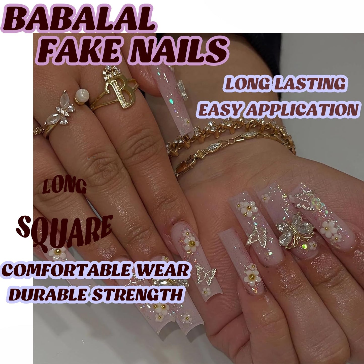 BABALAL Square Press on Nails Medium Fake Nails Sliver Glue on Nails Shiny Squoval Flower Stick on Nails for Women and Girls