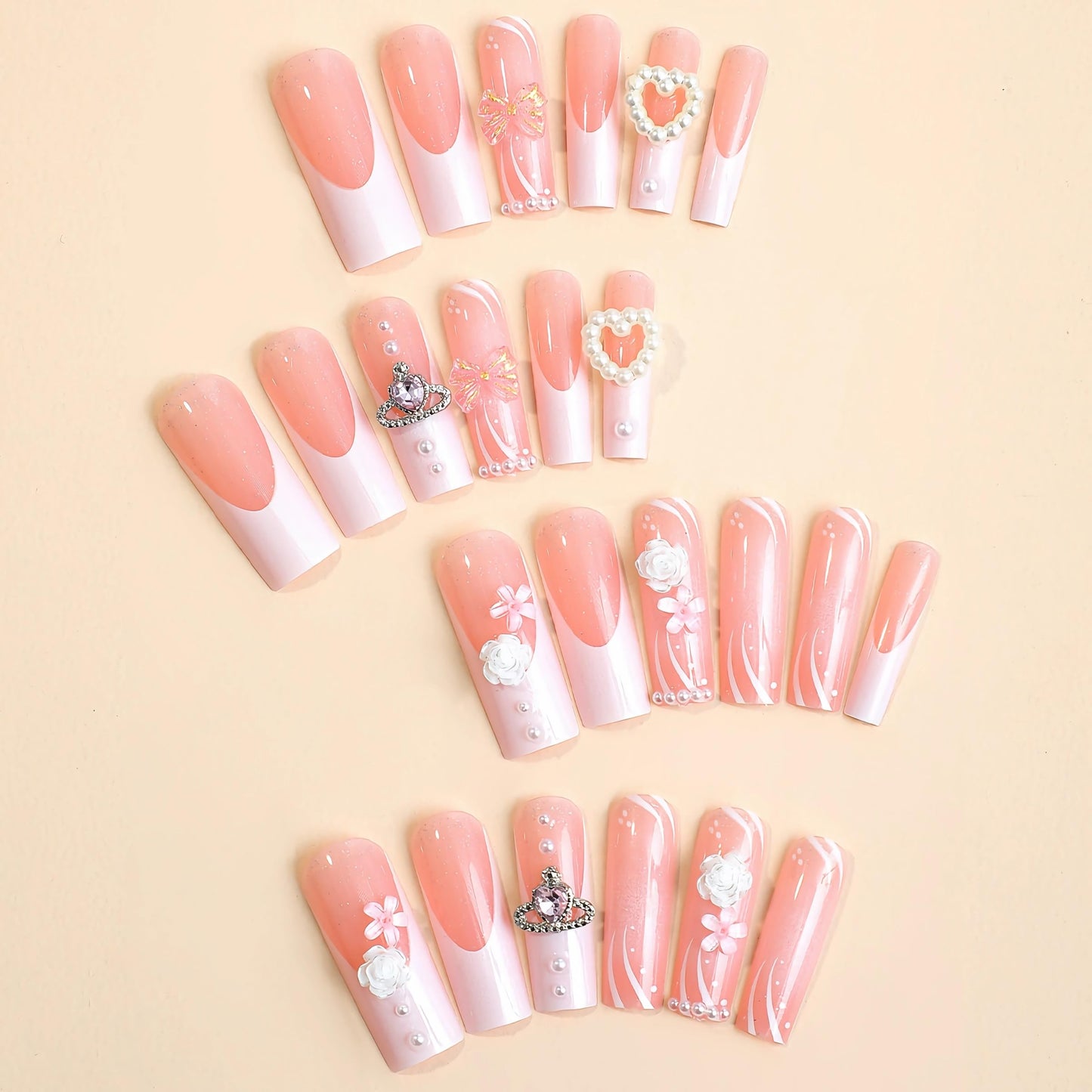 BABALAL Square Press on Nails Medium Fake Nails Sliver Glue on Nails Shiny Squoval Flower Stick on Nails for Women and Girls