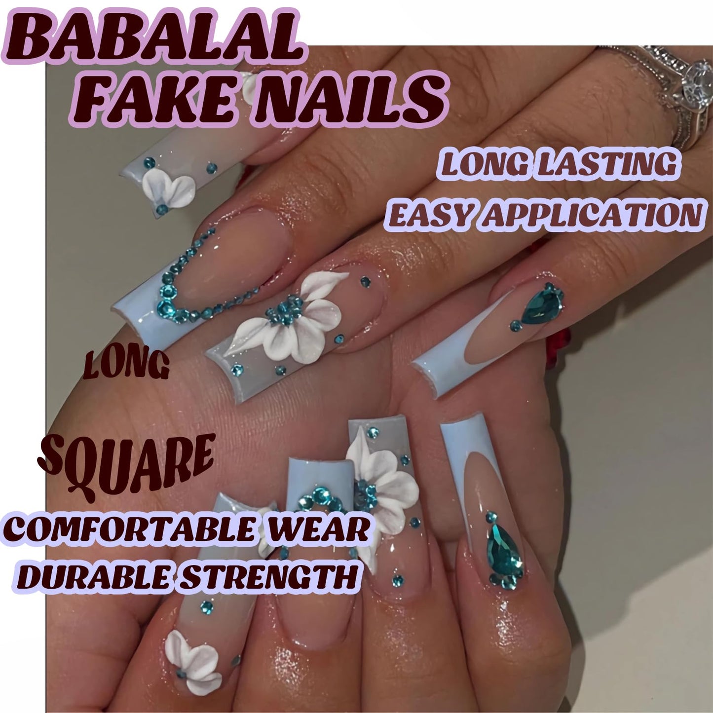 BABALAL Square Press on Nails Medium Fake Nails Sliver Glue on Nails Shiny Squoval Flower Stick on Nails for Women and Girls