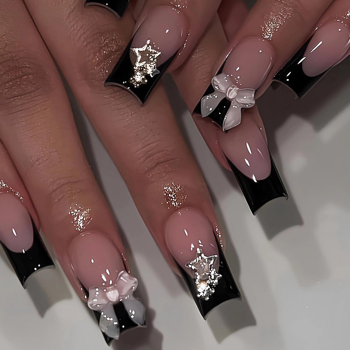 BABALAL Coffin Press on Nails Long Fake Nails White French Glue on Nails Glitter Rhinestone Flower Design Ballerina False Nails 24Pcs Shiny Acrylic Nails for Women and Girls