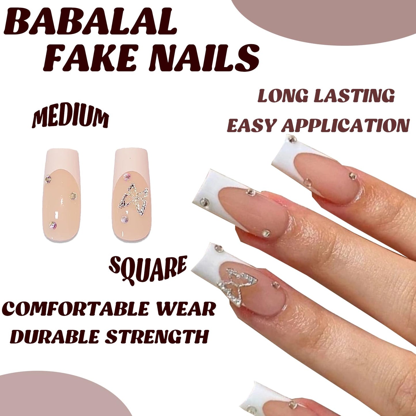 BABALAL Square Press on Nails Medium Fake Nails Sliver Glue on Nails Shiny Squoval Flower Stick on Nails for Women and Girls