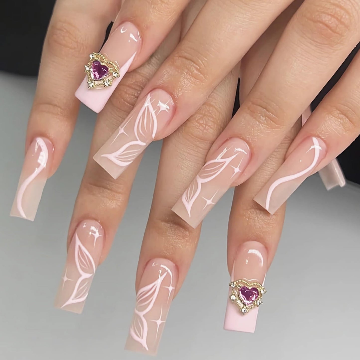 BABALAL Square Press on Nails Medium Fake Nails Sliver Glue on Nails Shiny Squoval Flower Stick on Nails for Women and Girls