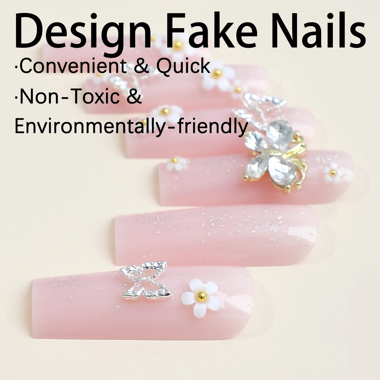 BABALAL Square Press on Nails Medium Fake Nails Sliver Glue on Nails Shiny Squoval Flower Stick on Nails for Women and Girls