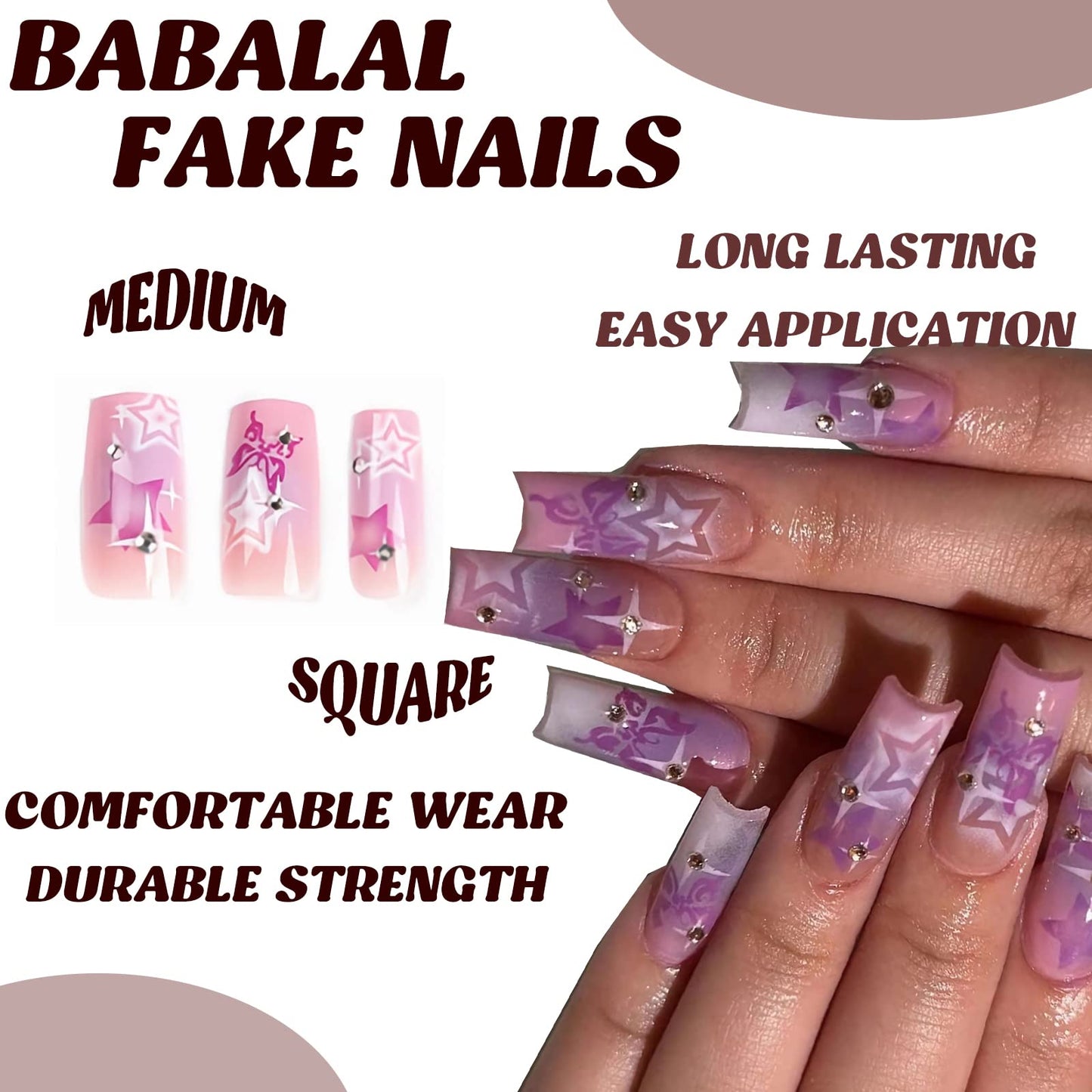 BABALAL Square Press on Nails Medium Fake Nails Sliver Glue on Nails Shiny Squoval Flower Stick on Nails for Women and Girls