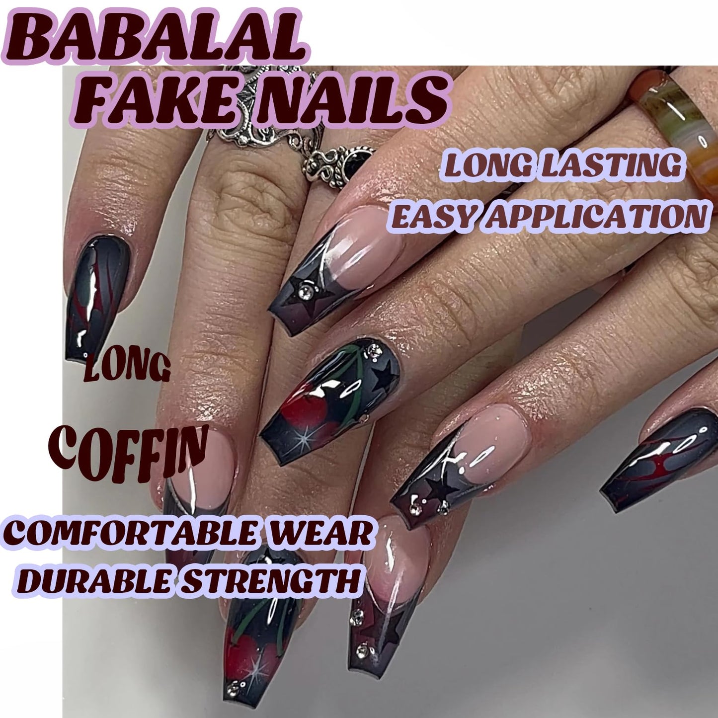 BABALAL Coffin Press on Nails Long Fake Nails White French Glue on Nails Glitter Rhinestone Flower Design Ballerina False Nails 24Pcs Shiny Acrylic Nails for Women and Girls