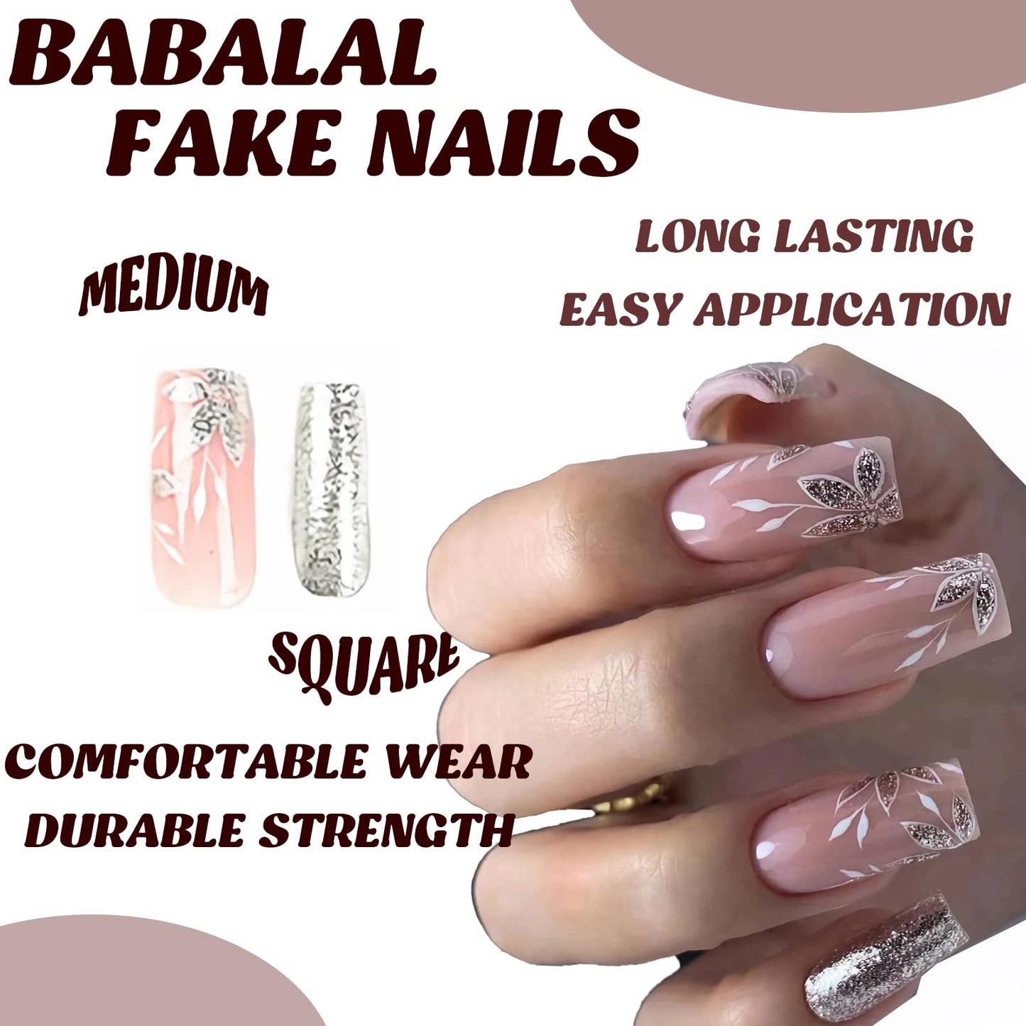 BABALAL Square Press on Nails Medium Fake Nails Sliver Glue on Nails Shiny Squoval Flower Stick on Nails for Women and Girls